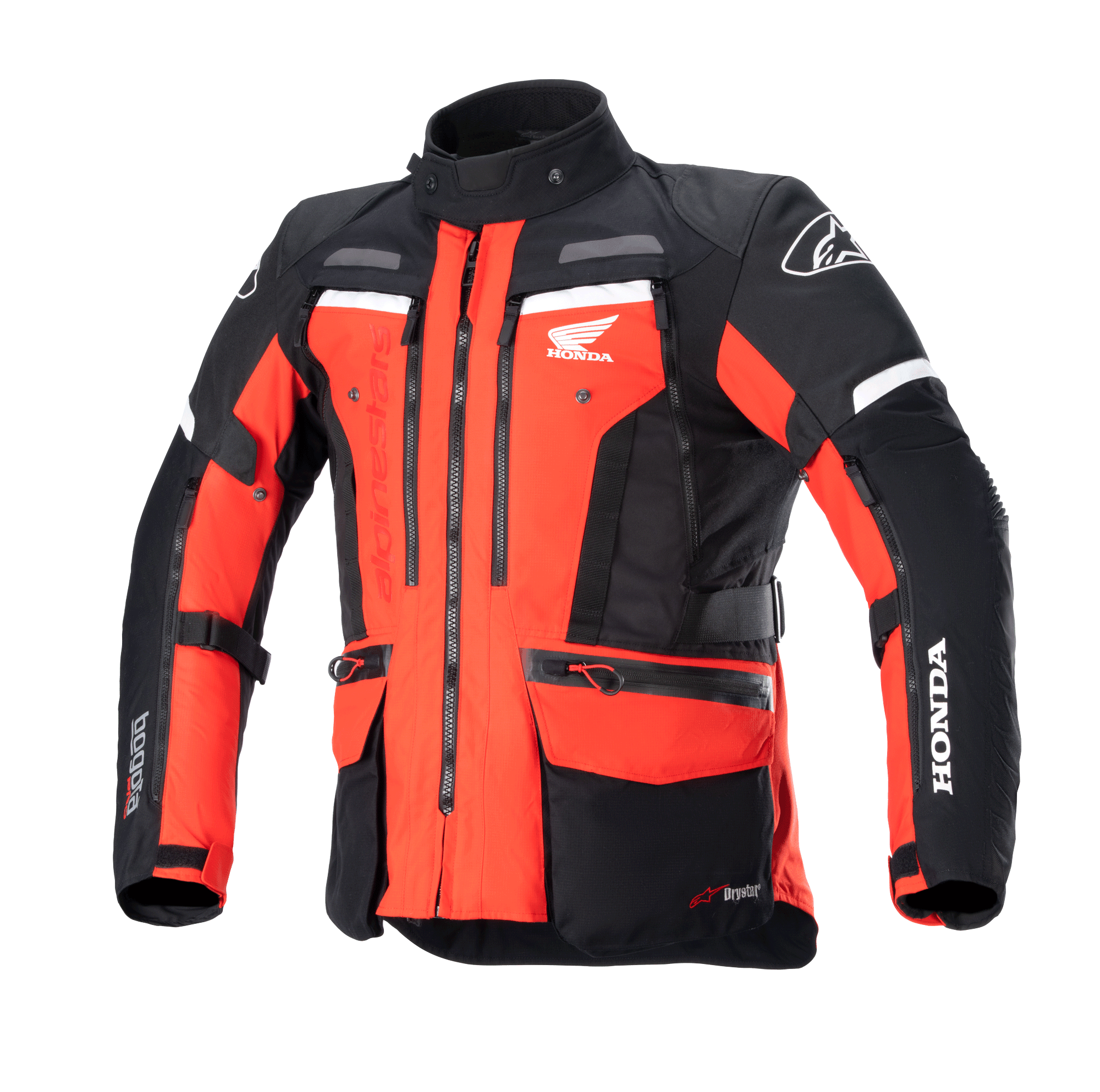 Alpinestars Honda Bogotá Pro Drystar® Jacket, Motorcycle Adventure Touring Jacket, Bright Red and Black with white accents, featuring multiple zippers, utility pockets, adjustable straps, and Honda and Alpinestars branding