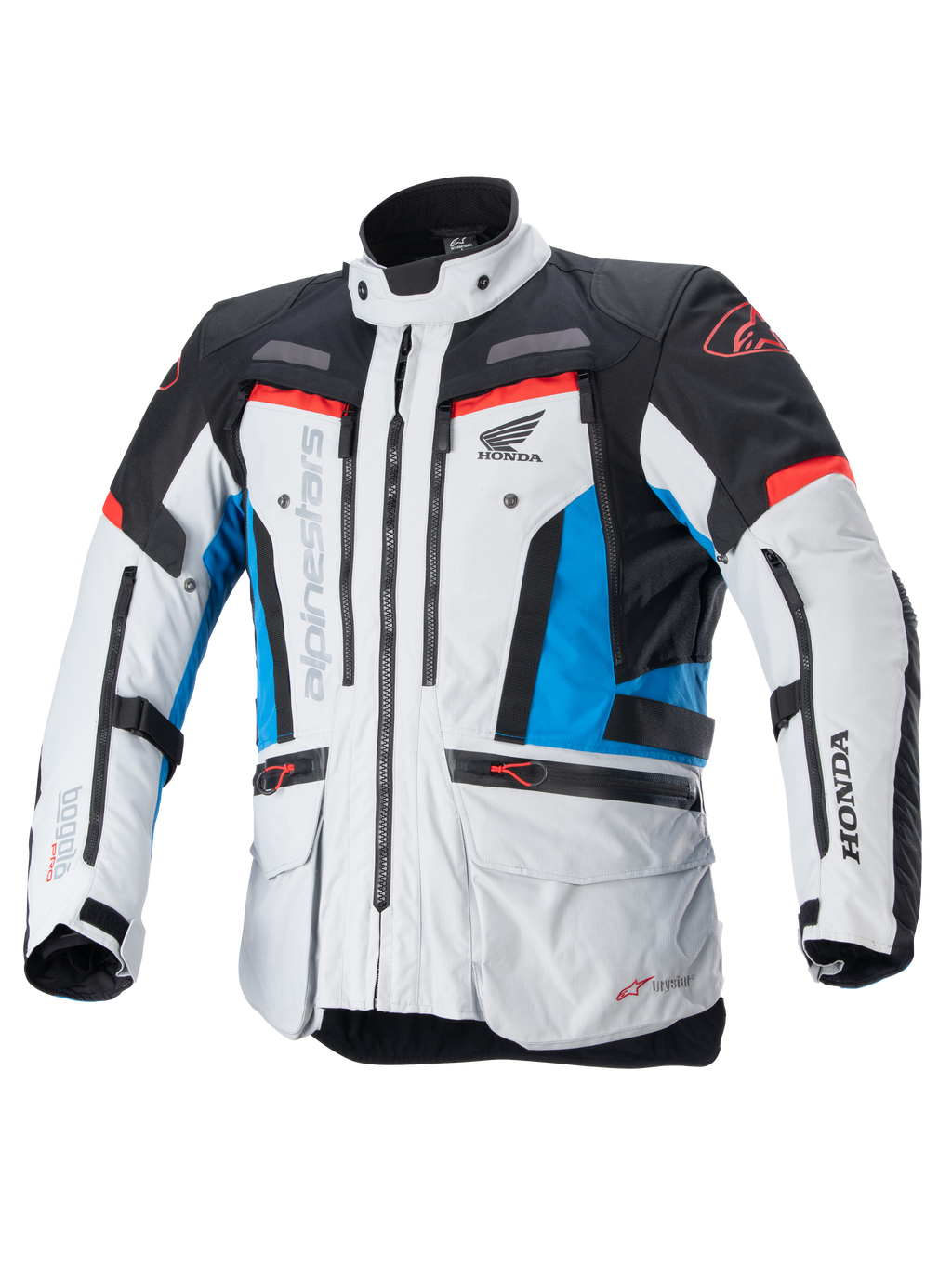 Alpinestars Honda Bogota' Pro Drystar® Jacket, Motorcycle Touring Jacket, Ice Gray Blue and Bright Red, technical textile design with multiple zippers and pockets, adjustable straps on waist and arms, featuring Alpinestars and Honda logos, waterproof and breathable all-season touring protection.