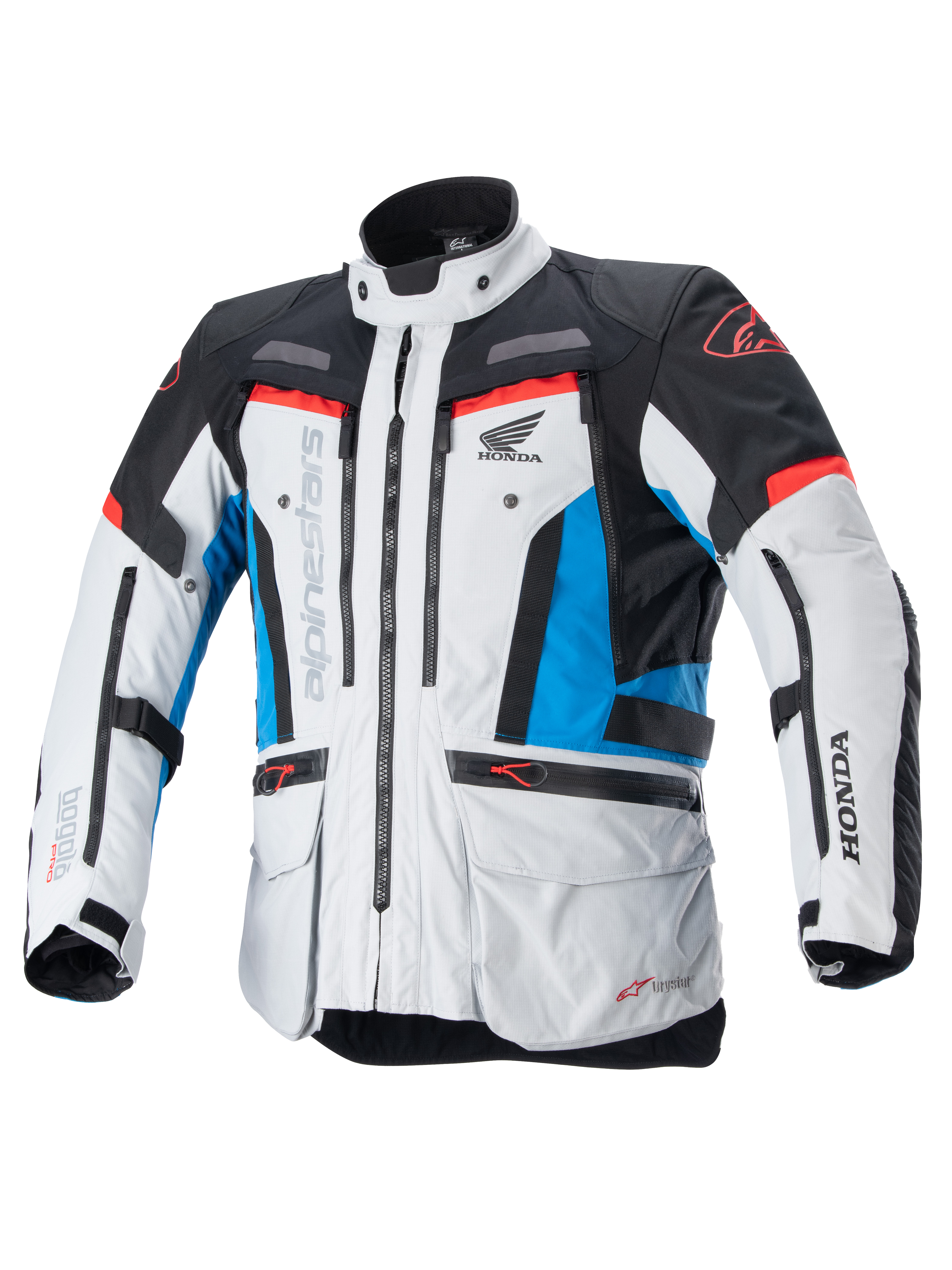 Alpinestars Honda Bogota' Pro Drystar® Jacket, Motorcycle Touring Jacket, Ice Gray Blue and Bright Red, technical textile design with multiple zippers and pockets, adjustable straps on waist and arms, featuring Alpinestars and Honda logos, waterproof and breathable all-season touring protection.