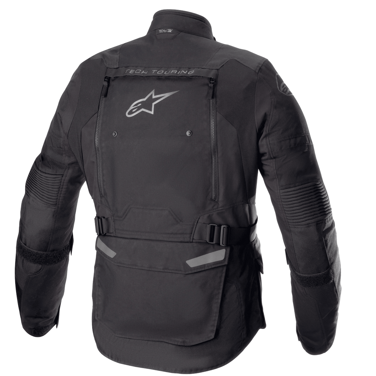 Veste Alpinestars Bogotá Pro Drystar®, vue arrière, noire, veste de moto en textile avec grand panneau de ventilation arrière, logo Alpinestars, marquage « TECH TOURING », sangles de réglage à la taille et panneaux en accordéon aux coudes.