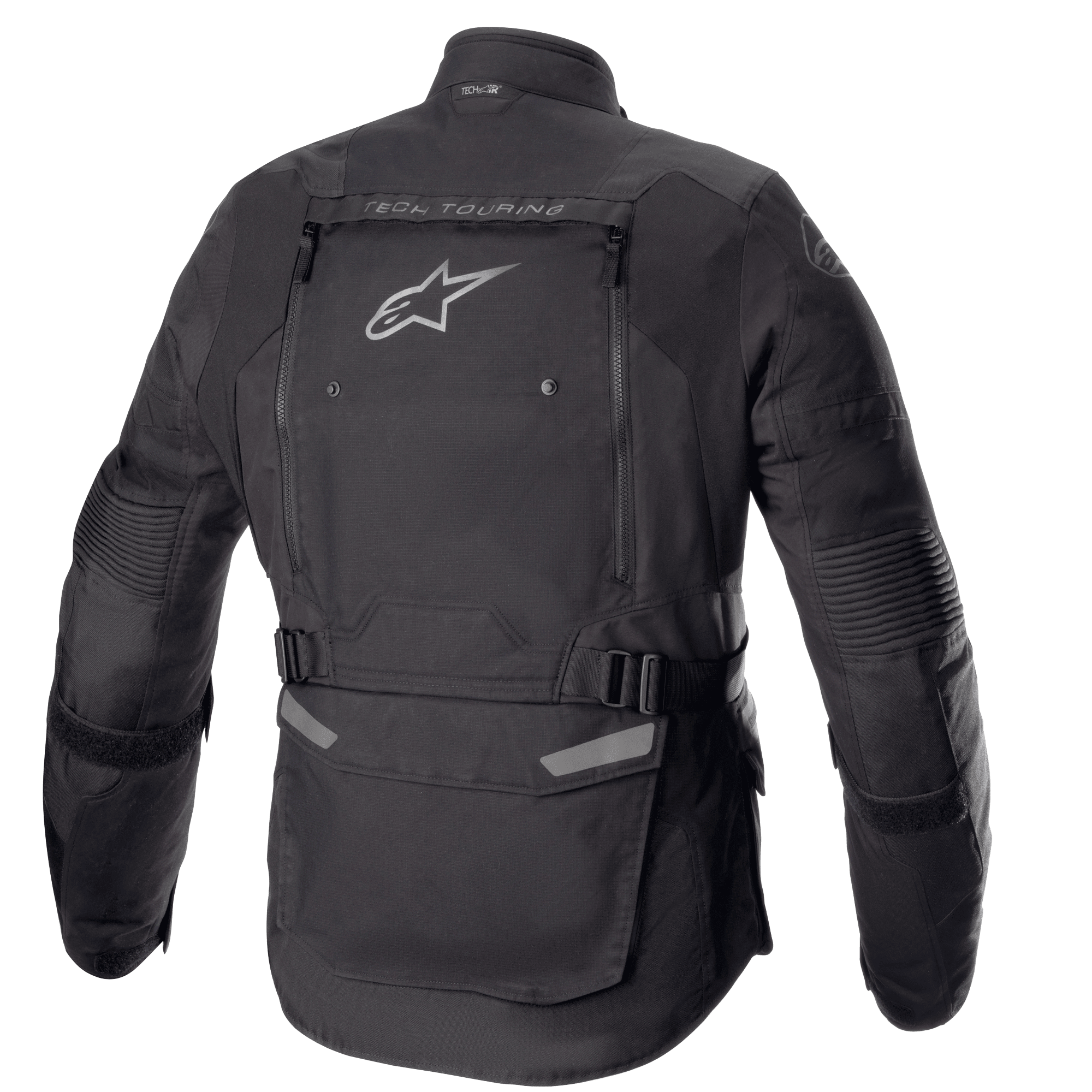 Veste Alpinestars Bogotá Pro Drystar®, vue arrière, noire, veste de moto en textile avec grand panneau de ventilation arrière, logo Alpinestars, marquage « TECH TOURING », sangles de réglage à la taille et panneaux en accordéon aux coudes.