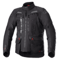 Veste Alpinestars Bogota Pro Drystar, veste de moto touring noire, accents gris et rouges, dotée de larges panneaux de ventilation sur la poitrine, poches imperméables avec tirettes rouges, col protecteur haut et construction textile durable pour le pilotage d'aventure