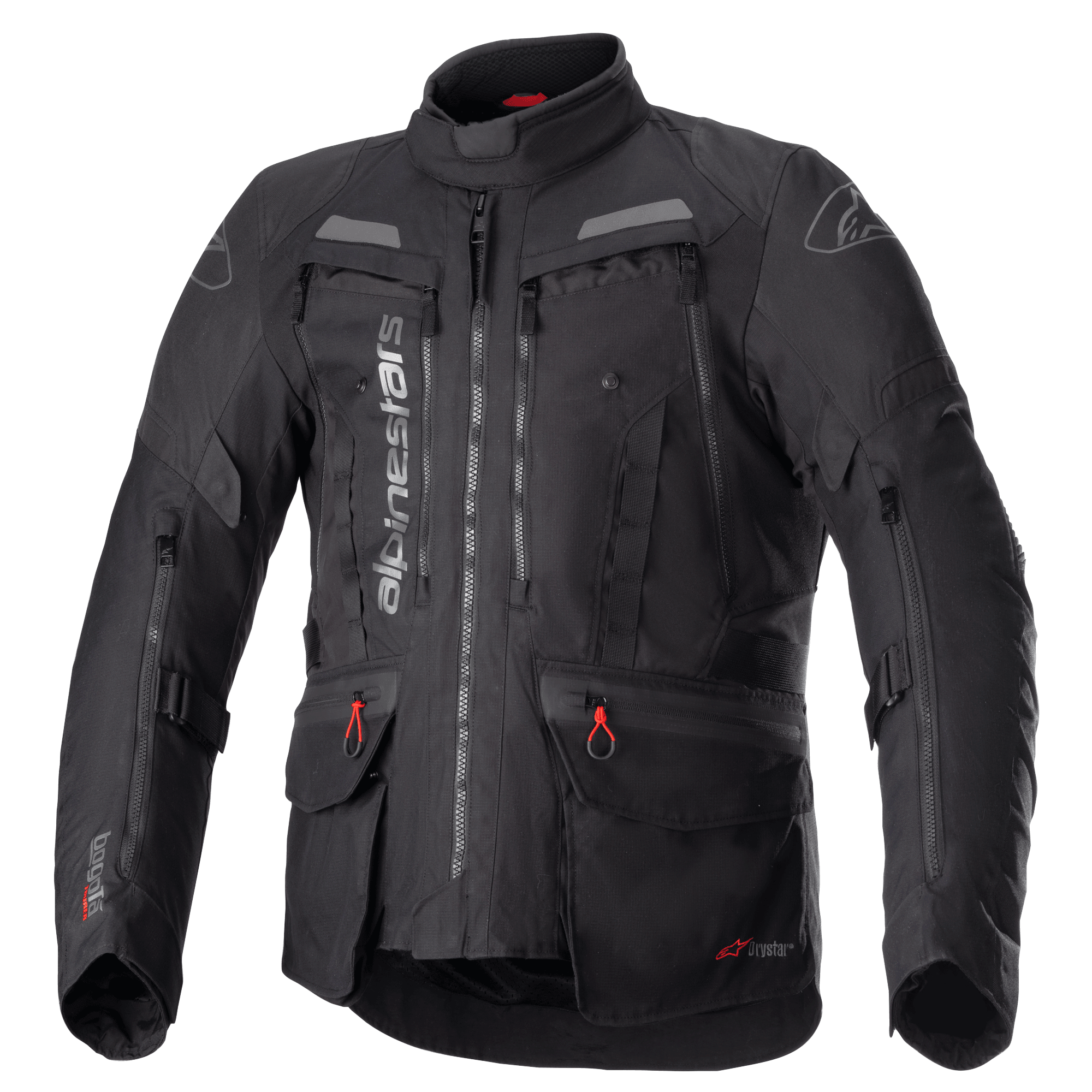 Veste Alpinestars Bogota Pro Drystar, veste de moto touring noire, accents gris et rouges, dotée de larges panneaux de ventilation sur la poitrine, poches imperméables avec tirettes rouges, col protecteur haut et construction textile durable pour le pilotage d'aventure
