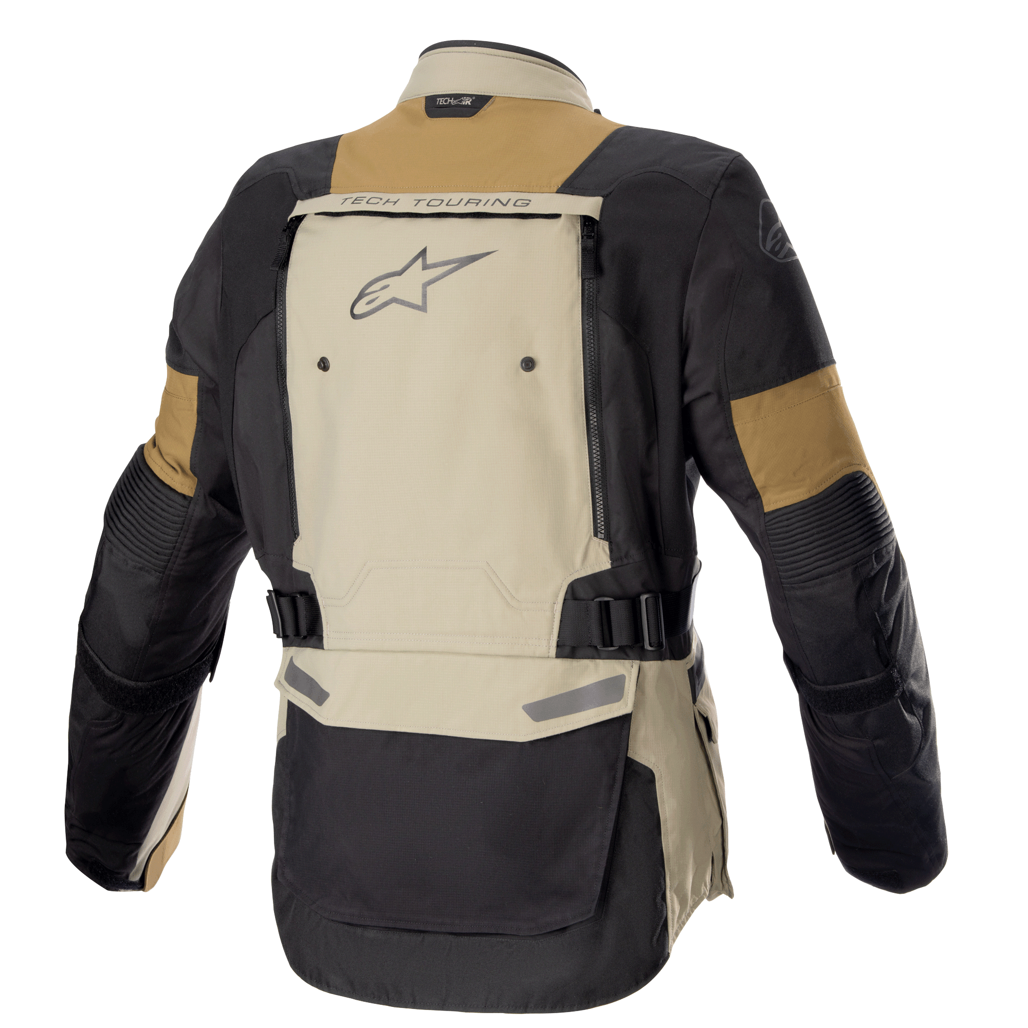 Veste Alpinestars Bogota' Pro Drystar®, veste de moto d'aventure, Vetiver Military Olive et noir, vue arrière montrant un large panneau de ventilation arrière avec marquage « TECH TOURING » et logo Alpinestars, sangles de taille réglables et construction textile durable pour le touring toutes saisons.