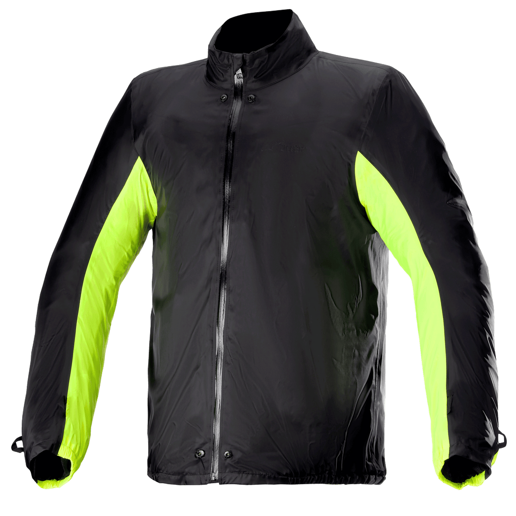 Doublure de pluie Alpinestars Bogotá Pro Drystar®, veste de moto imperméable, noir avec panneaux latéraux et de bras jaune fluo, fermeture éclair frontale intégrale avec boutons-pression au col et à la taille, accessoire technique pour la conduite par tous les temps
