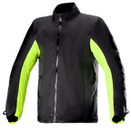 Doublure de pluie Alpinestars Bogotá Pro Drystar®, veste de moto imperméable, noir avec panneaux latéraux et de bras jaune fluo, fermeture éclair frontale intégrale avec boutons-pression au col et à la taille, accessoire technique pour la conduite par tous les temps