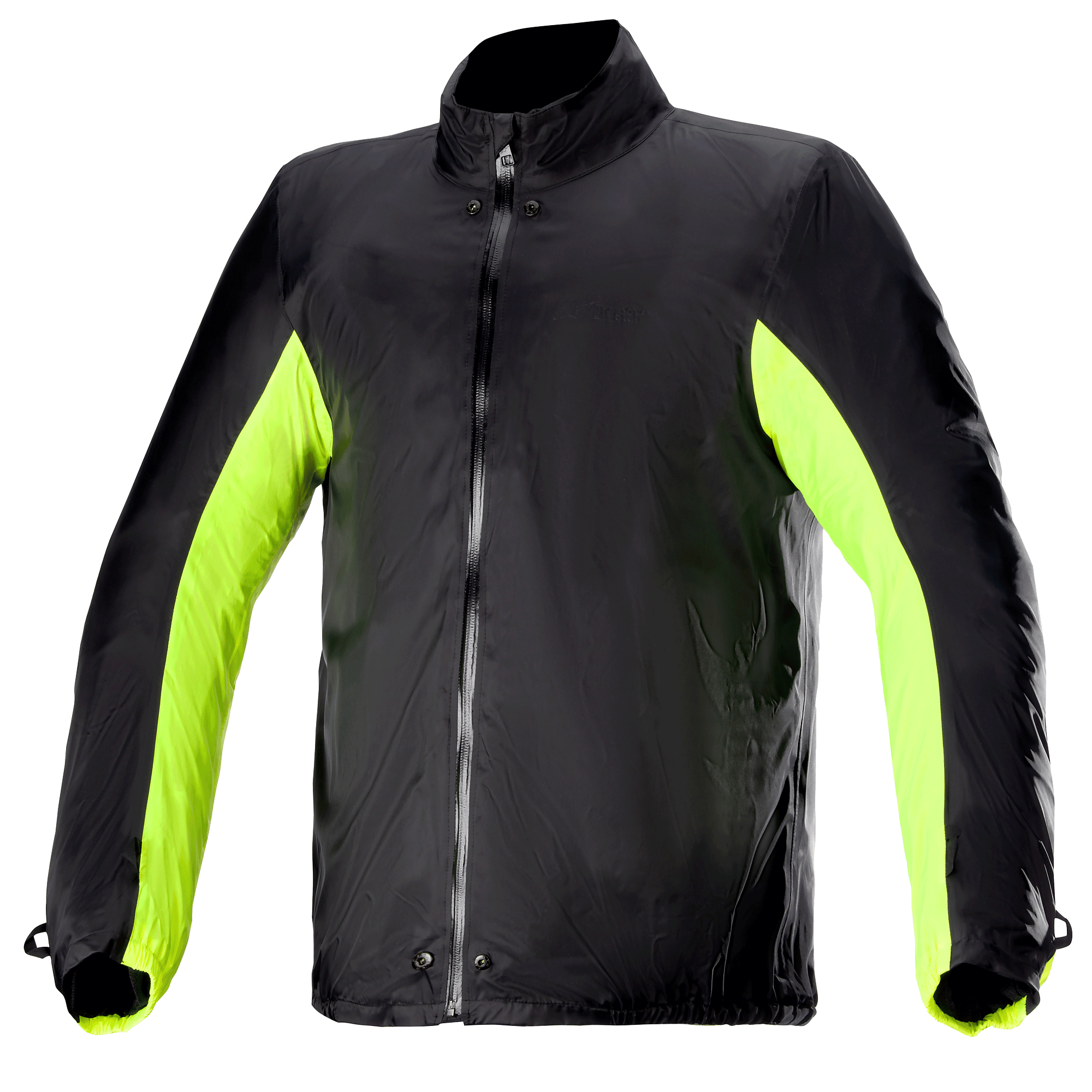 Doublure de pluie Alpinestars Bogotá Pro Drystar®, veste de moto imperméable, noir avec panneaux latéraux et de bras jaune fluo, fermeture éclair frontale intégrale avec boutons-pression au col et à la taille, accessoire technique pour la conduite par tous les temps