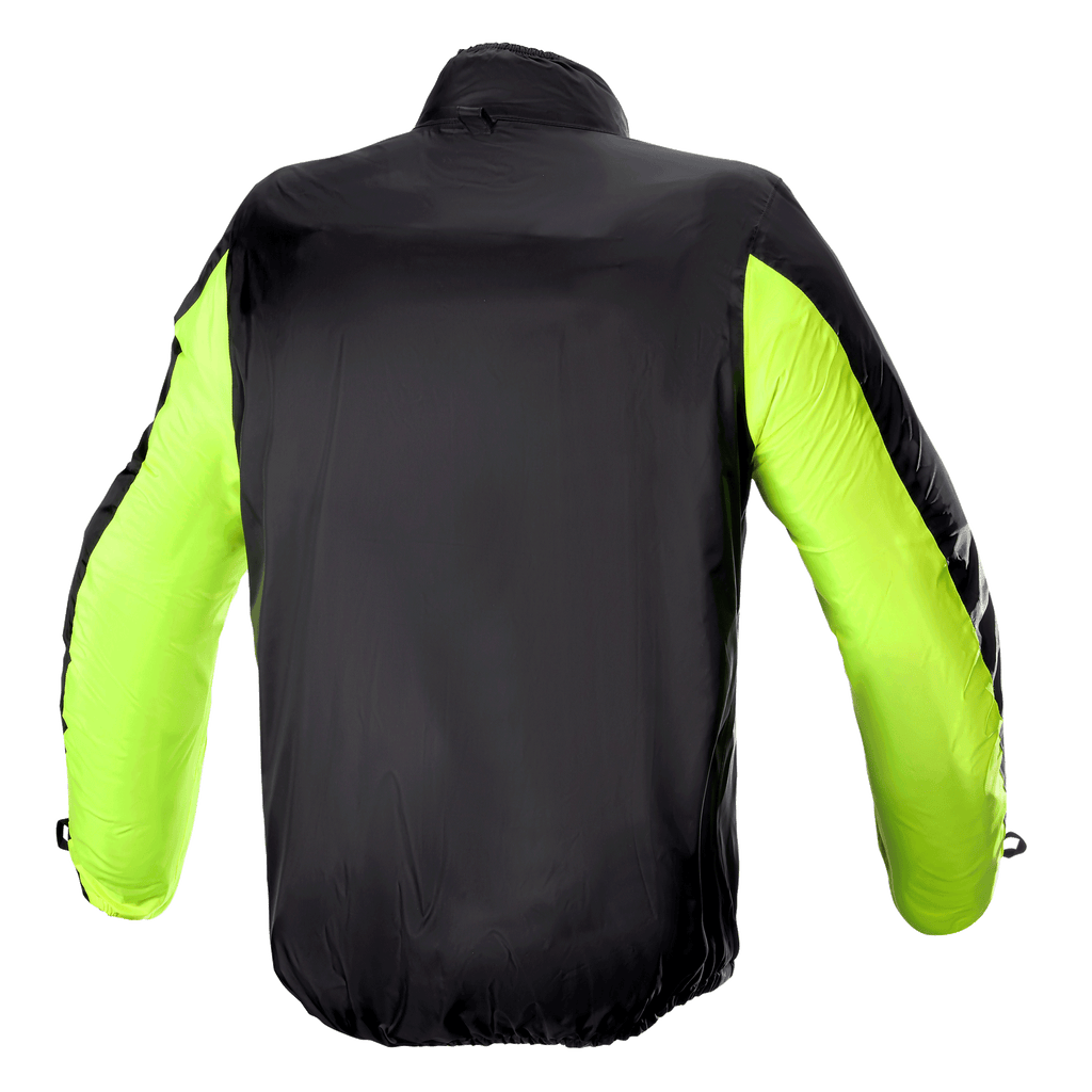 Housse de pluie pour veste Alpinestars Bogotá Pro Drystar®, vue arrière, noire avec manches jaune fluorescent, construction imperméable légère pour une haute visibilité et une protection contre les intempéries