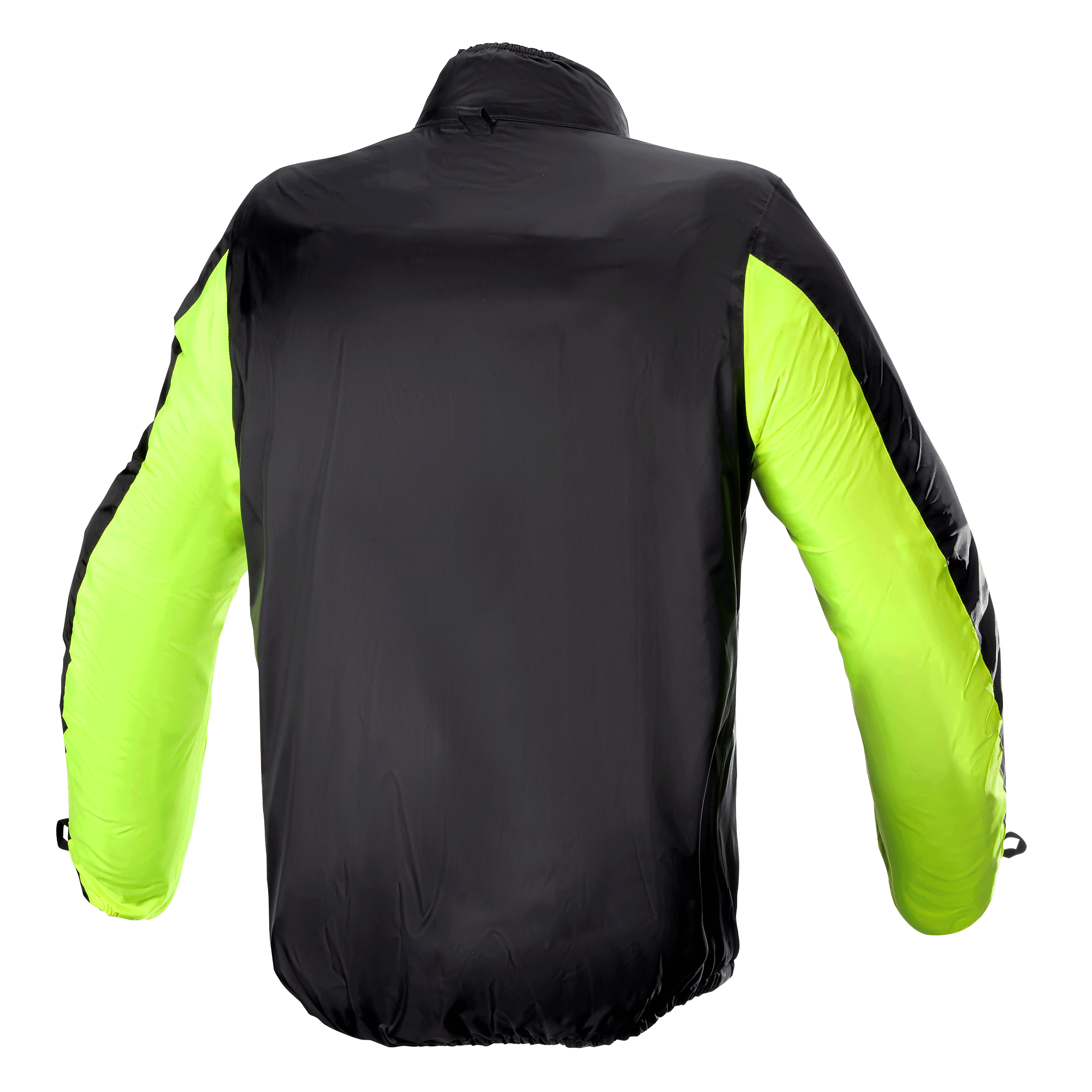Housse de pluie pour veste Alpinestars Bogotá Pro Drystar®, vue arrière, noire avec manches jaune fluorescent, construction imperméable légère pour une haute visibilité et une protection contre les intempéries