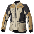 Alpinestars Bogota Pro Drystar Jacket, veste de moto aventure touring, beige, noir et tan, construction textile imperméable, poches multiples avec tirettes rouges, zones de protection renforcées et col haut