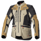 Alpinestars Bogota Pro Drystar Jacket, veste de moto aventure touring, beige, noir et tan, construction textile imperméable, poches multiples avec tirettes rouges, zones de protection renforcées et col haut