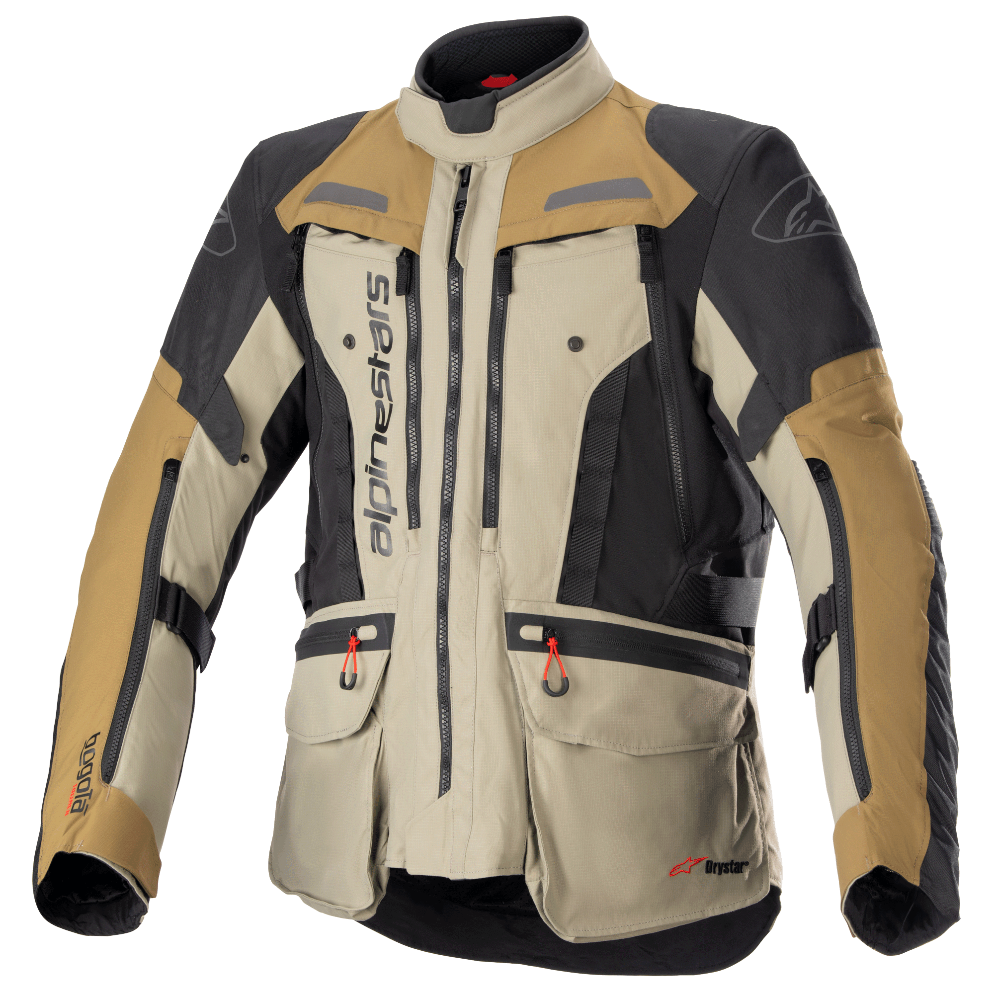Alpinestars Bogota Pro Drystar Jacket, veste de moto aventure touring, beige, noir et tan, construction textile imperméable, poches multiples avec tirettes rouges, zones de protection renforcées et col haut