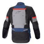 Alpinestars Bogotá Pro Drystar® Jacke, Motorrad-Adventure-Tourenjacke, Dunkelblau, Schwarz und leuchtendes Rot, Rückansicht mit großem grauen Belüftungspanel samt Alpinestars-Logo, roten „Tech Touring“-Akzenten und verstellbaren Taillengurten