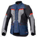 Alpinestars Bogota Pro Drystar Jacke, Motorrad-Adventure-Tourenjacke, Dunkelblau und Schwarz mit grauen Brustpaneelen und leuchtend roten Akzenten, wasserdichte Textilkonstruktion, mehrere Belüftungsreißverschlüsse und Funktionstaschen.