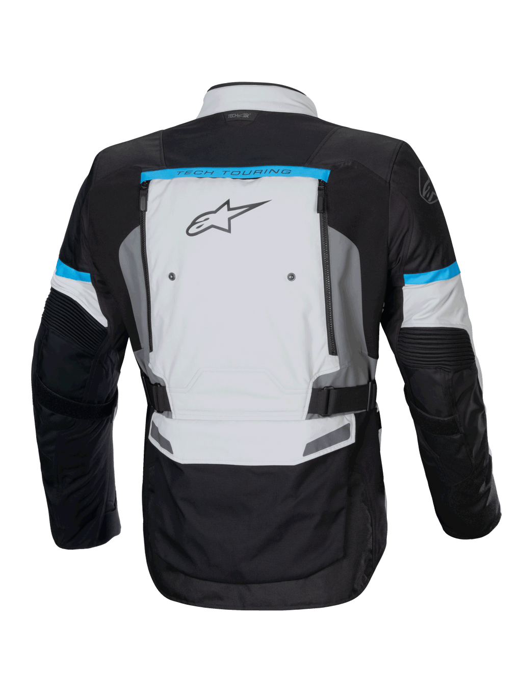 Alpinestars Bogotá Pro Drystar Jacket, adventure motorcycle jacket in ice gray and black with cyan accents and back vents.