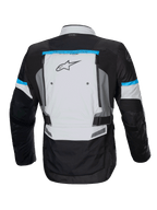 Alpinestars Bogotá Pro Drystar Jacket, adventure motorcycle jacket in ice gray and black with cyan accents and back vents.
