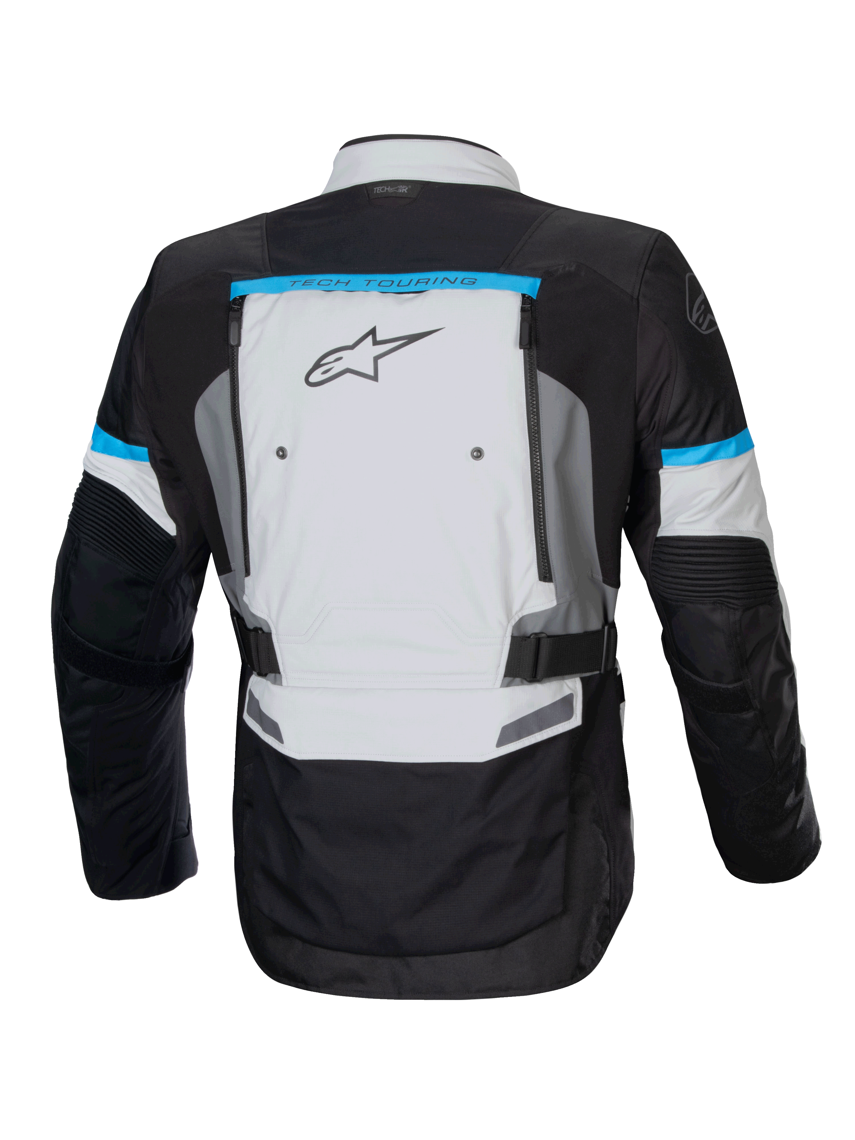 Alpinestars Bogotá Pro Drystar Jacket, adventure motorcycle jacket in ice gray and black with cyan accents and back vents.