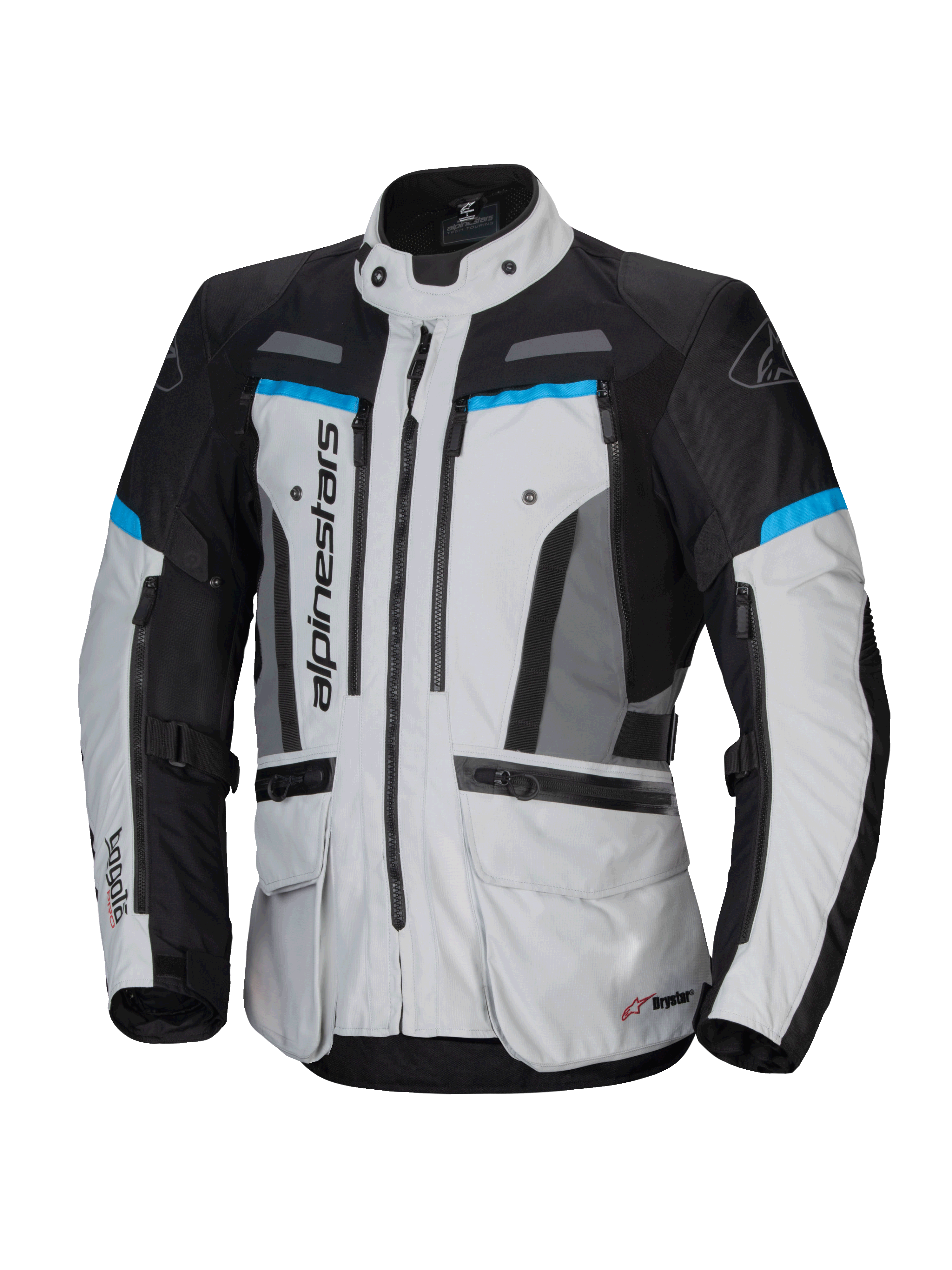 Alpinestars Bogota' Pro Drystar® Jacket, adventure touring motorcycle jacket, Men's, Ice Gray and Black with Cyan accents, waterproof textile construction.