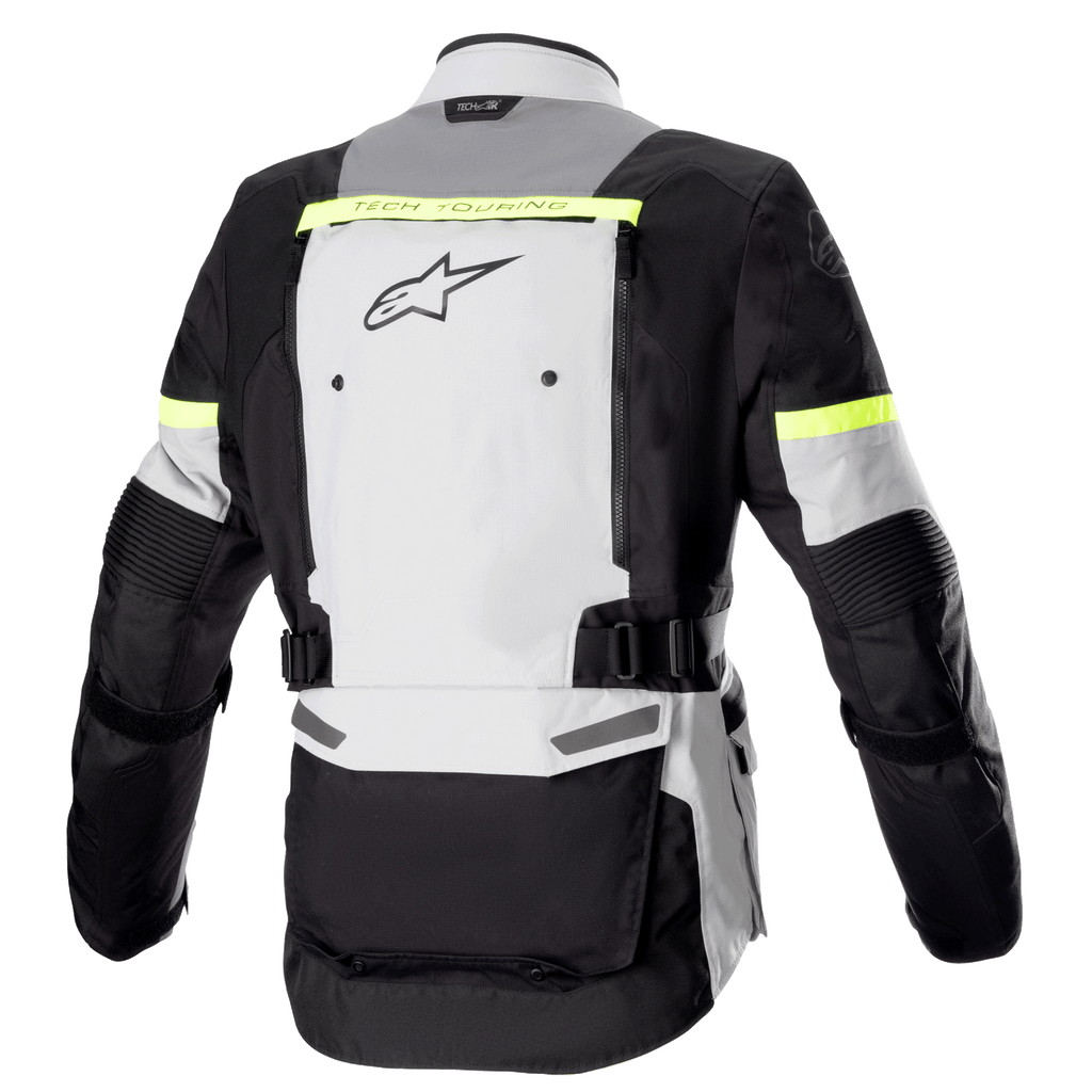 Veste Alpinestars Bogotá Pro Drystar®, vue de dos, Gris Glacé, Gris Foncé et Jaune Fluo, dotée d'un large panneau de ventilation au dos, d'accents réfléchissants jaune fluo et de sangles de taille réglables, équipement moto d'aventure touring