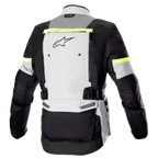 Veste Alpinestars Bogotá Pro Drystar®, vue de dos, Gris Glacé, Gris Foncé et Jaune Fluo, dotée d'un large panneau de ventilation au dos, d'accents réfléchissants jaune fluo et de sangles de taille réglables, équipement moto d'aventure touring