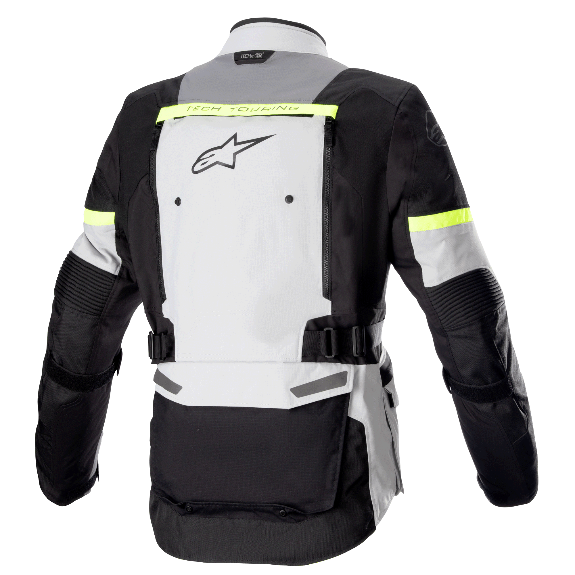 Veste Alpinestars Bogotá Pro Drystar®, vue de dos, Gris Glacé, Gris Foncé et Jaune Fluo, dotée d'un large panneau de ventilation au dos, d'accents réfléchissants jaune fluo et de sangles de taille réglables, équipement moto d'aventure touring