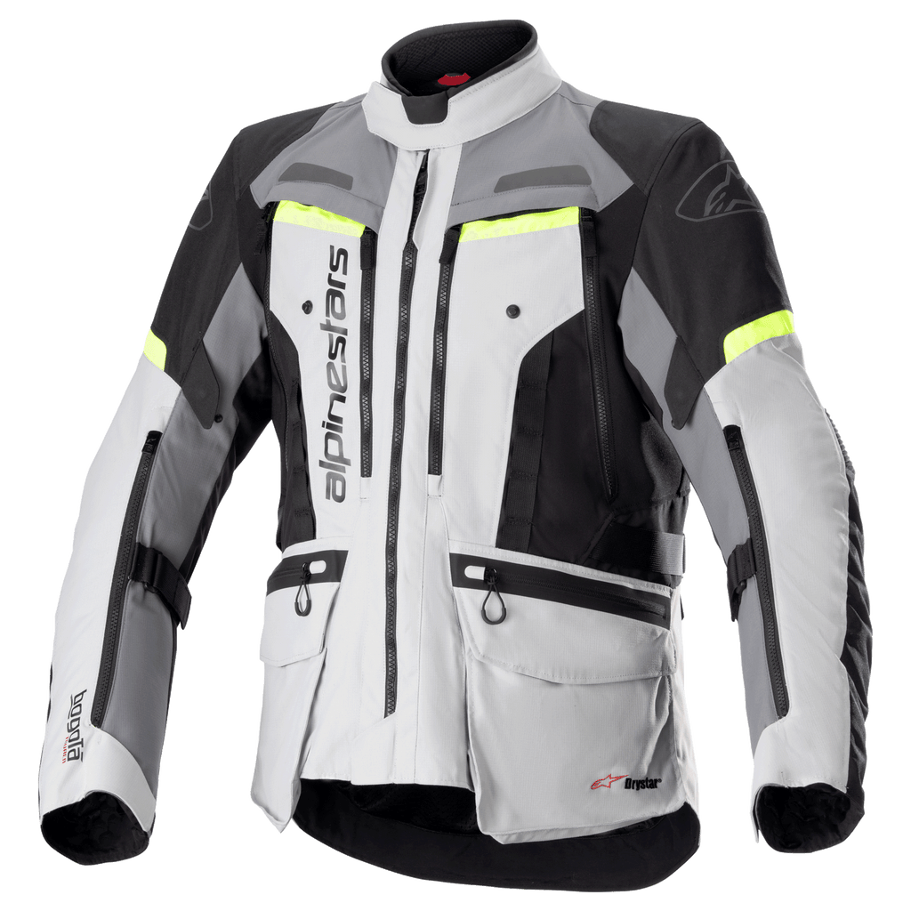 Veste Alpinestars Bogota Pro Drystar, veste de moto touring aventure, gris glace et gris foncé avec panneaux noirs et accents jaune fluo, dotée de multiples poches cargo et zips de ventilation, conception textile imperméable durable pour rouler en toutes saisons