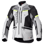 Veste Alpinestars Bogota Pro Drystar, veste de moto touring aventure, gris glace et gris foncé avec panneaux noirs et accents jaune fluo, dotée de multiples poches cargo et zips de ventilation, conception textile imperméable durable pour rouler en toutes saisons