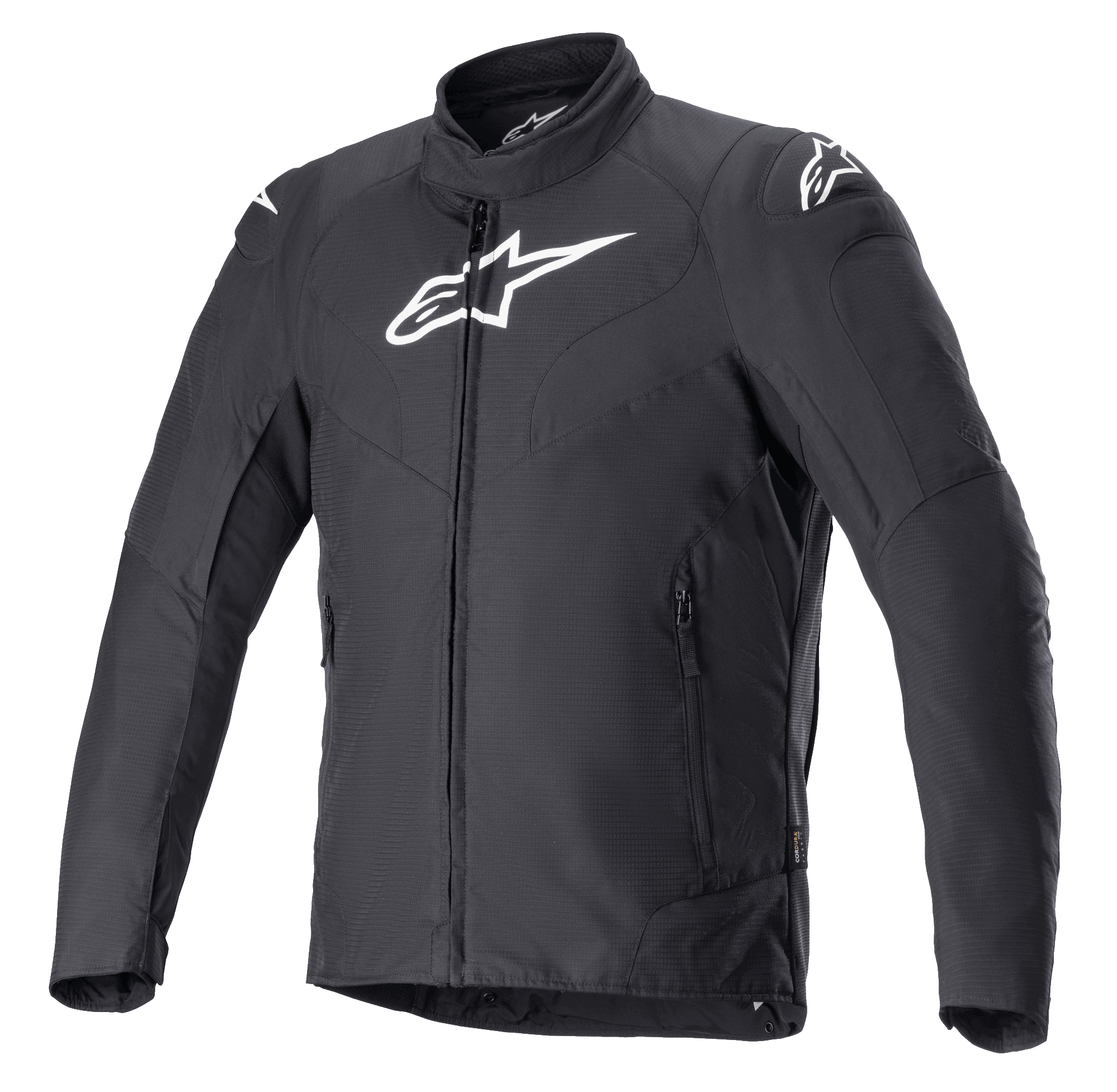 Alpinestars RX-3 Waterproof Jacket, Black Motorcycle Jacket, Technical Ripstop CORDURA Construction, High Collar with Full-Length Zipper, Side Zippered Pockets, White Alpinestars Logos on Chest and Shoulders, Sleek Fit for Road Performance