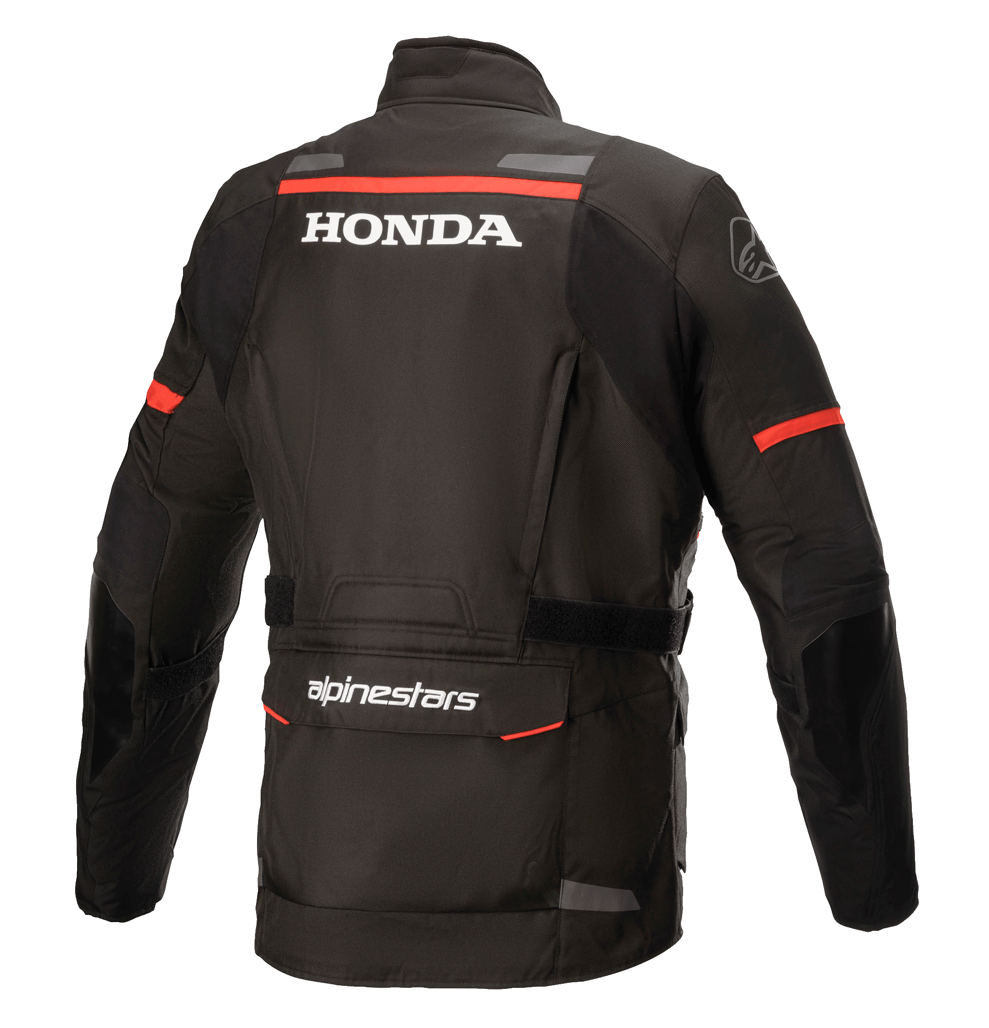 Alpinestars Honda Andes V3 Drystar® jas, zwart, achteraanzicht met witte Honda en Alpinestars logo's, rode accentstrepen op de schouders en mouwen, adventure touring motorjas met reflecterende details en een grote utility-zak aan de achterzijde.
