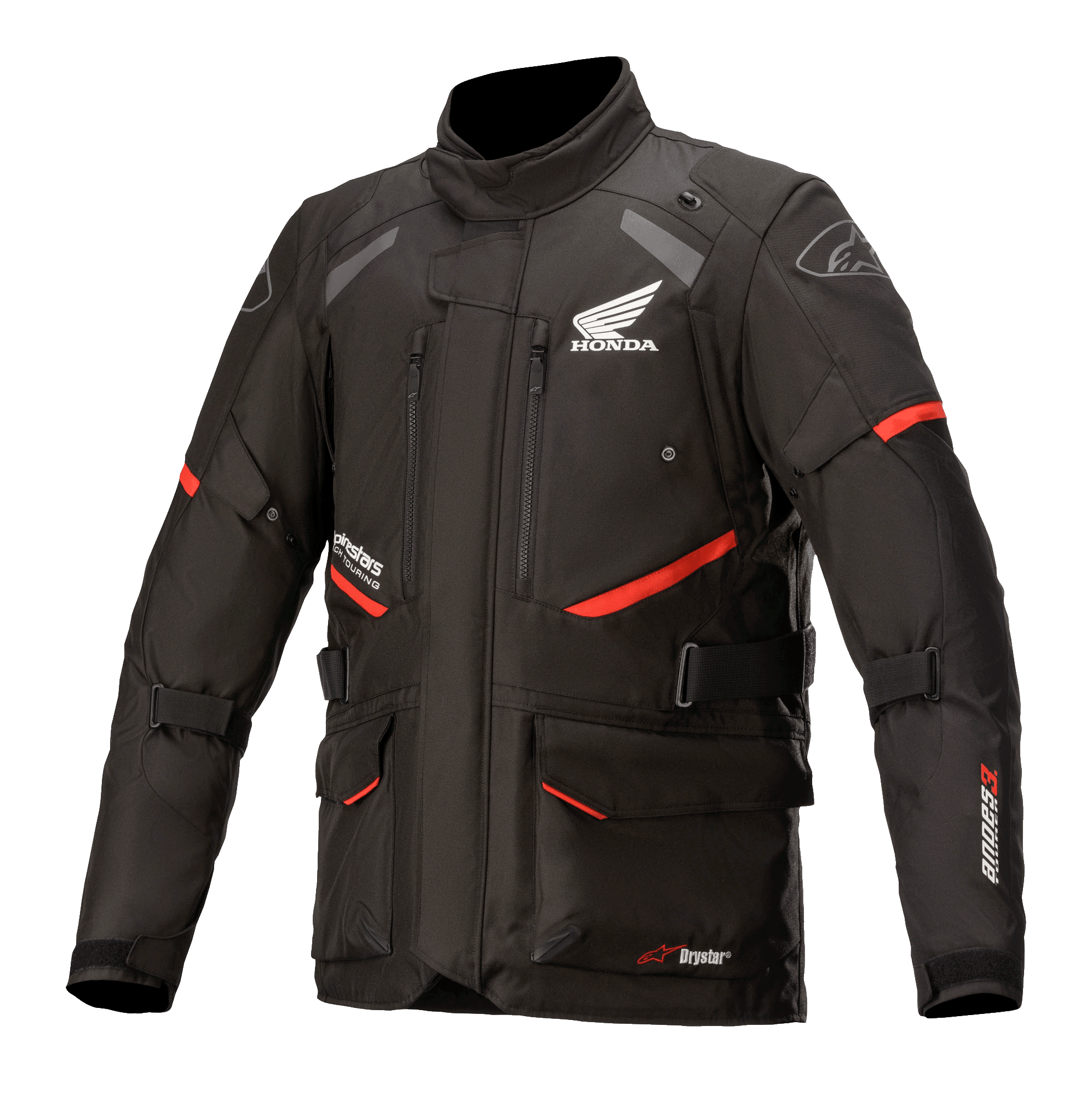 Honda Andes V3 Drystar motorjas, motor touringjas, zwart met rode accenten, vooraanzicht met grote cargozakken en verstelbare riemen, technische textielconstructie met Honda-vleugel en Alpinestars-logo's, adventure-geïnspireerd ontwerp