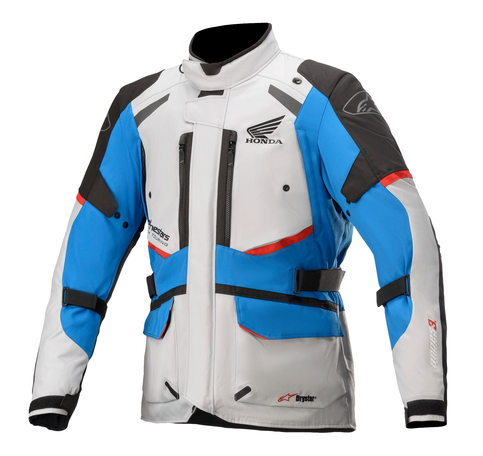 Veste Alpinestars Honda Andes V3 Drystar®, veste de moto touring, gris glace, bleu et rouge vif, conception imperméable avec col haut, multiples aérations zippées, poches cargo et sangles réglables, avec logo Honda