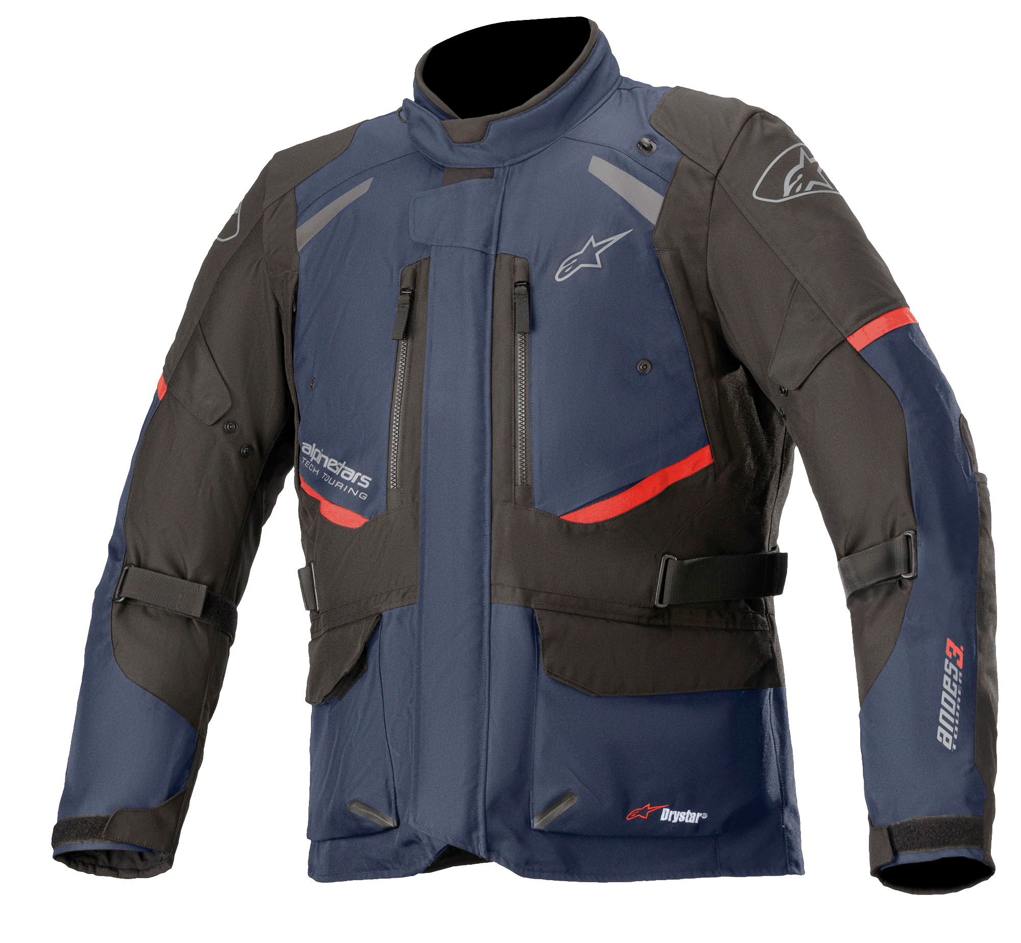 Veste Alpinestars Andes V3 Drystar, veste de moto touring, bleu foncé et noir avec accents rouges, vue de face avec ventilations zippées sur la poitrine, sangles de réglage à la taille et col haut, construction textile imperméable pour l'aventure