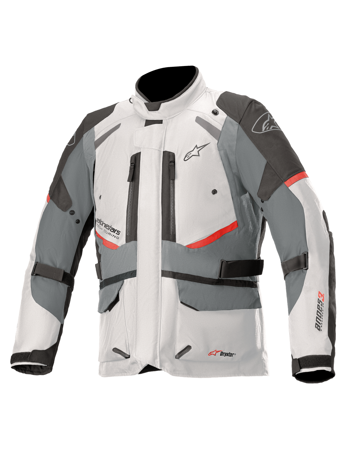 Alpinestars Andes V3 Drystar Jacket, adventure touring motorcycle jacket, ice gray and dark gray with red accents, waterproof textile construction with adjustment straps and zippered vents, high collar design for all-weather protection