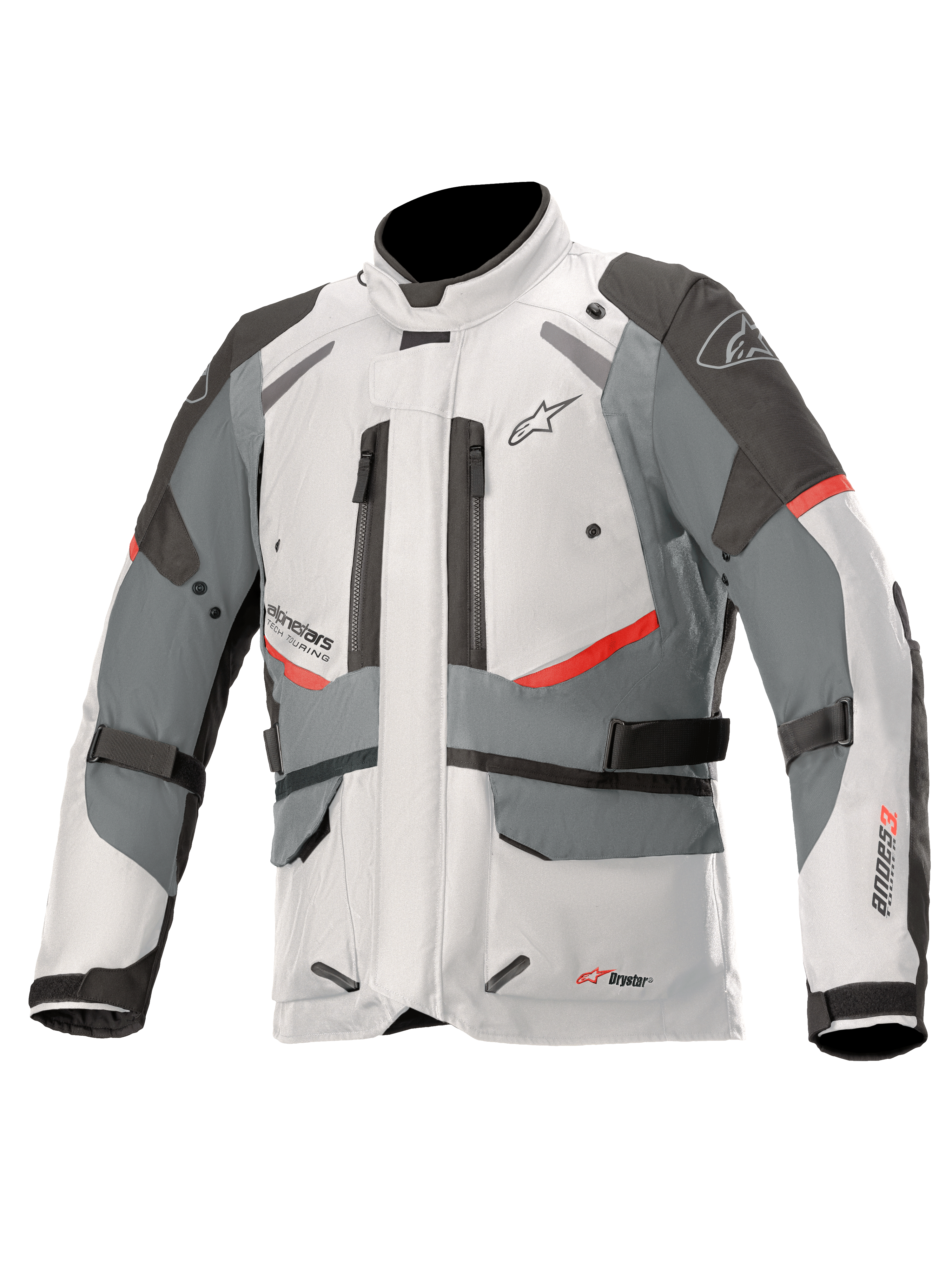 Alpinestars Andes V3 Drystar Jacke, Adventure-Touring-Motorradjacke, Eisgrau und Dunkelgrau mit roten Akzenten, wasserdichte Textilkonstruktion mit Verstellriemen und Belüftungsöffnungen mit Reißverschluss, hoher Kragen für Allwetterschutz