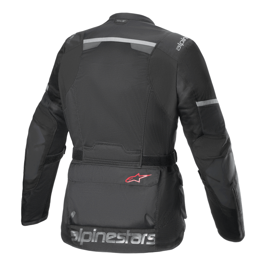 Alpinestars Andes Air Drystar® Jas, motorjas, zwart, achteraanzicht met uitgebreide mesh ventilatiepanelen, reflecterende strips op de bovenrug en mouwen, en groot Alpinestars tekstlogo op de onderste zoom.