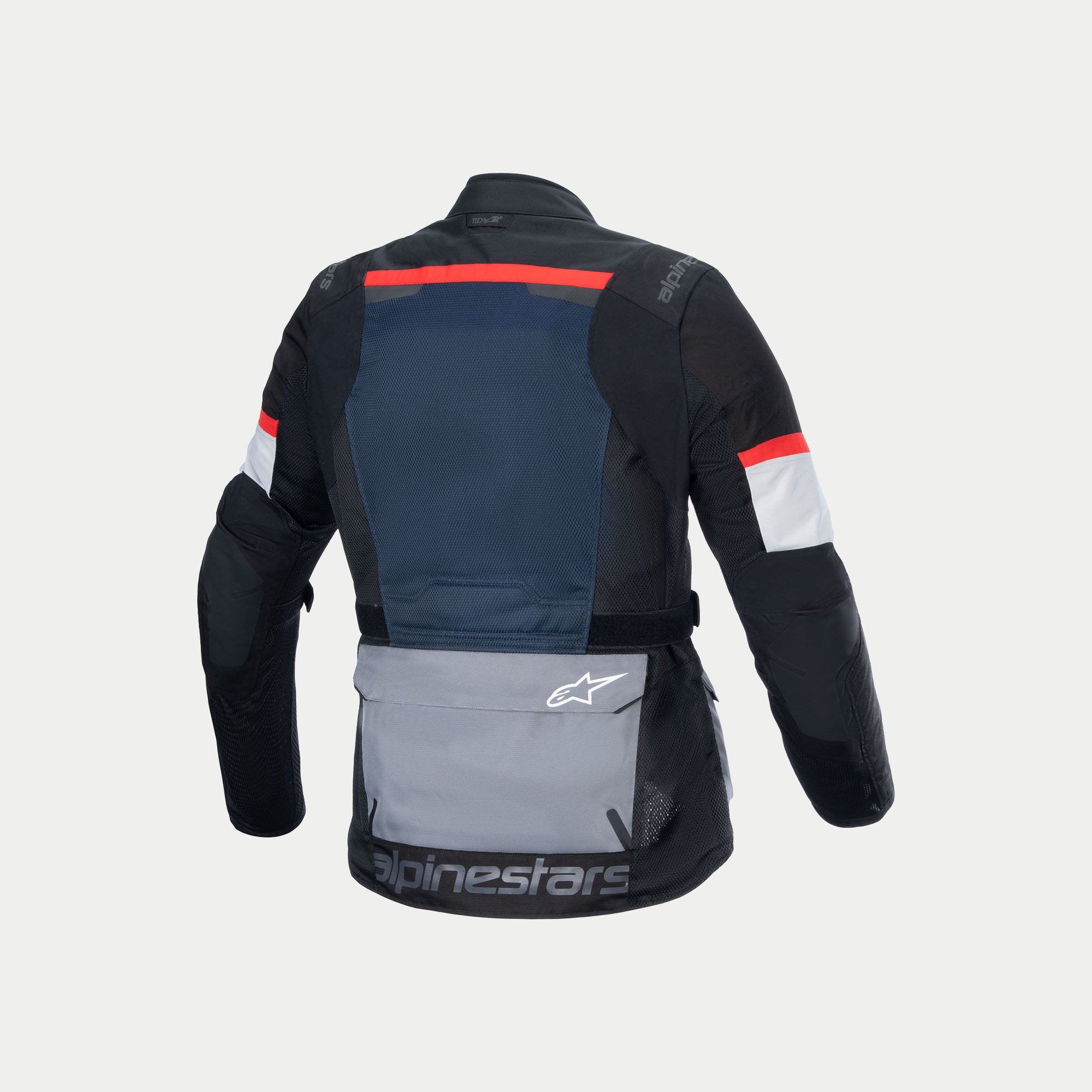 Alpinestars Andes Air Drystar® heren motorjas, adventure touring, diepblauw, zwart en ijsgrijs, achterkant met rugprotectorzak en detail van onderste zak