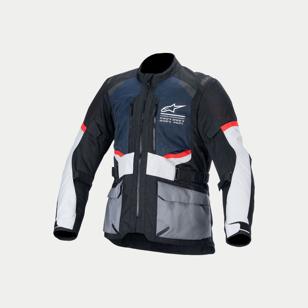 Alpinestars Andes Air Drystar® jas, adventure touring motorjas voor heren, diepblauw, zwart en ijsgrijs, CE-gecertificeerd met Tech-Air-compatibiliteit