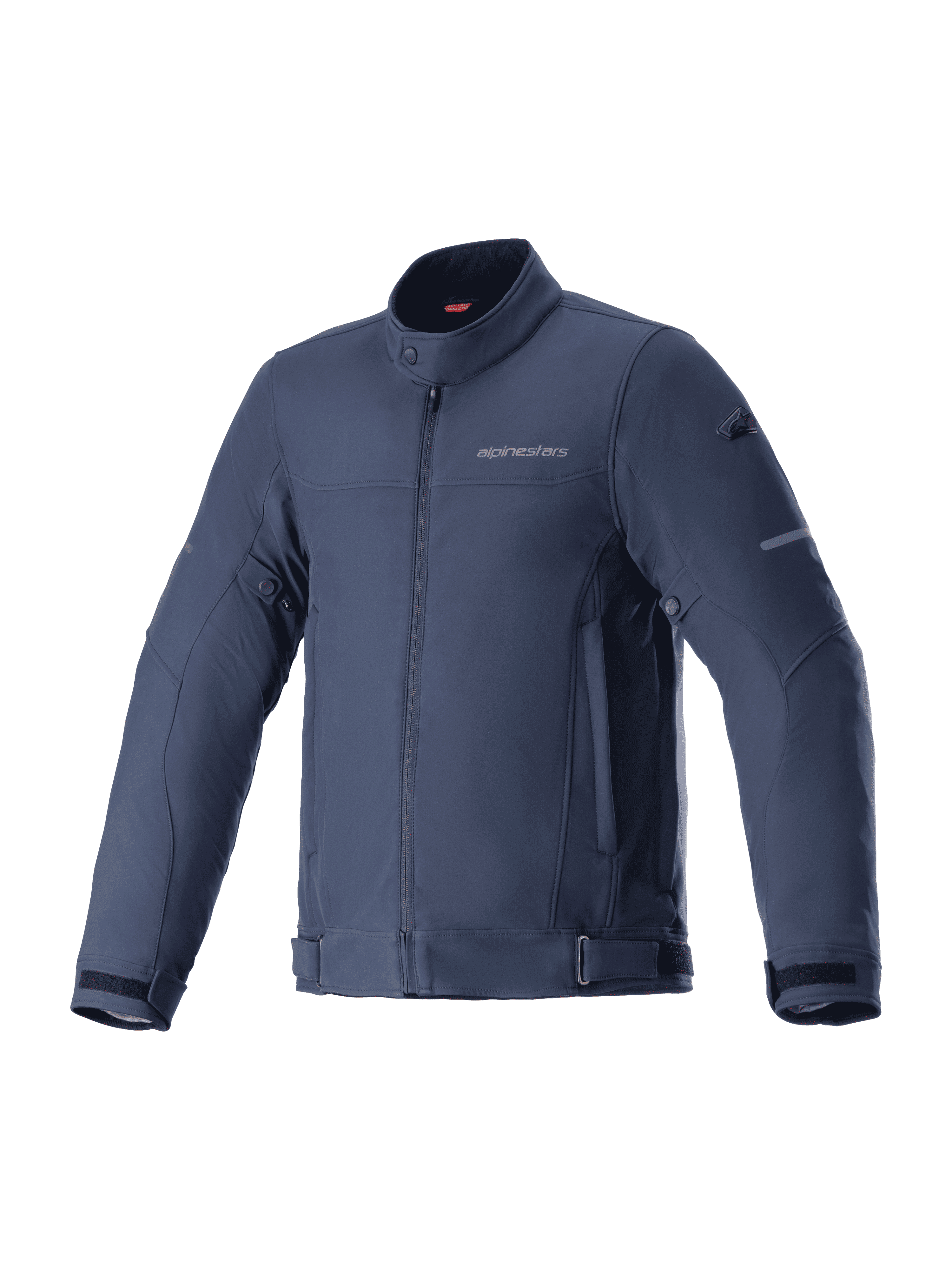 Alpinestars Husker Wasserdichte Jacke, Motorradjacke, Night Navy, dunkelblaues Stretch-Softshell mit Hochkragen und Frontreißverschluss, verstellbare Taillen- und Ärmelriemen, dezentes Logo auf der Brust, Ausrüstung für urbanes Pendeln und Straßenfahrten
