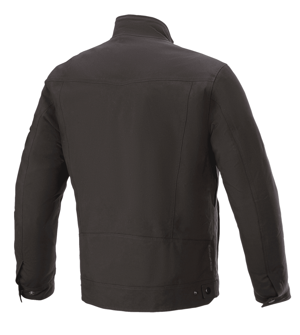 Alpinestars Solano Waterproof jas, zwart, achteraanzicht, casual stedelijke motorjas, waterdichte textielconstructie, rechte kraag, subtiel logodetail op de onderrug
