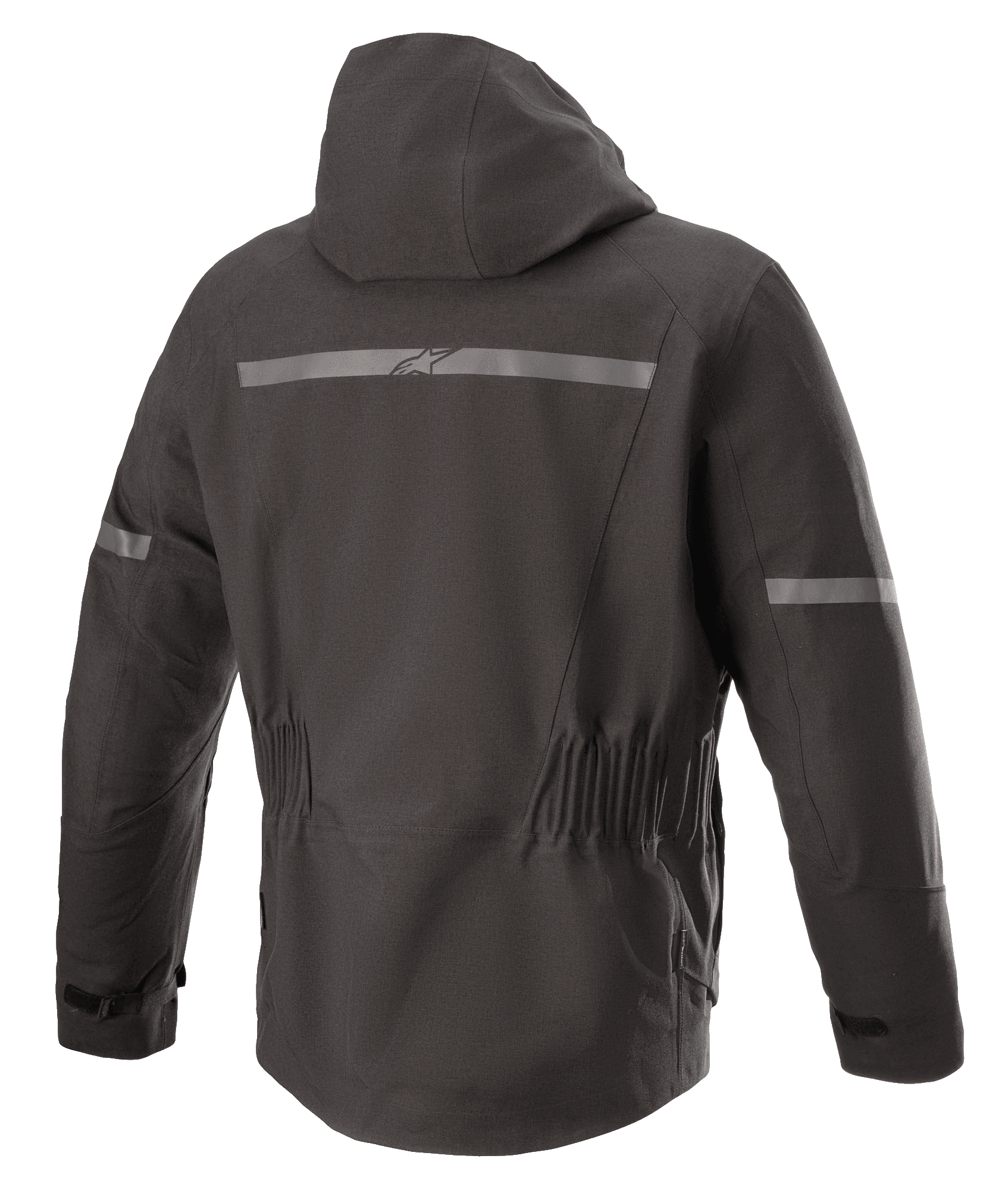 Alpinestars Sirius Drystar® Techshell Jacket, motorjas, Melange Black, achteraanzicht met geïntegreerde capuchon, reflecterende strip met Alpinestars-logo, elastische taille en verlengde achterkant voor extra dekking tijdens het rijden.