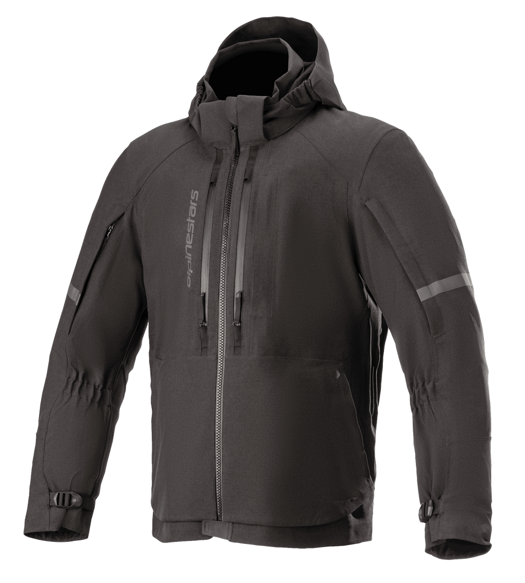 Alpinestars Sirius Drystar Techshell motorjas, waterdichte motorjas, melange zwart, textiel ontwerp met capuchon en verticale ritsen op de borst, reflecterende strepen op de mouwen en verstelbare manchetten met gespen