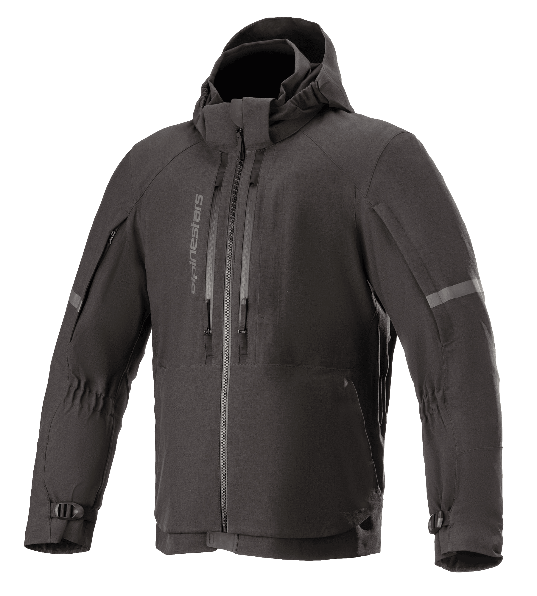 Alpinestars Sirius Drystar Techshell motorjas, waterdichte motorjas, melange zwart, textiel ontwerp met capuchon en verticale ritsen op de borst, reflecterende strepen op de mouwen en verstelbare manchetten met gespen
