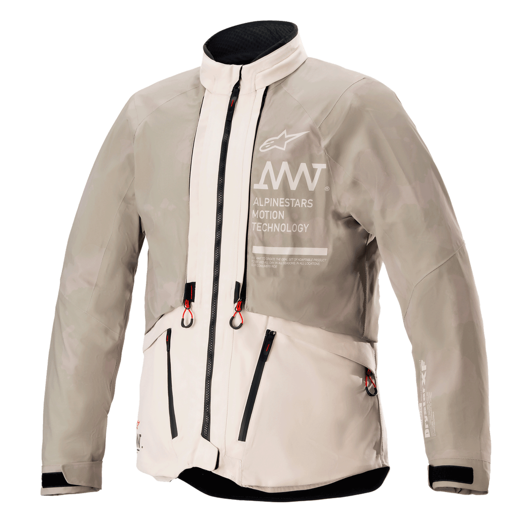 Alpinestars AMT-10LAB Drystar® XF Jacket, Rain Configuration, White Sand Aluminum Camo, waterproof textile adventure jacket featuring AMT branding on the chest and red-tipped zipper pulls.