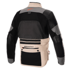 Alpinestars AMT-10R Drystar XF Jacket, adventure motorcycle jacket, Rear View in heat configuration, Fur Gray and Pale Brown with black panels, featuring a large mesh back panel for ventilation, leather arm reinforcements, and a large lower back utility pocket with Alpinestars branding.