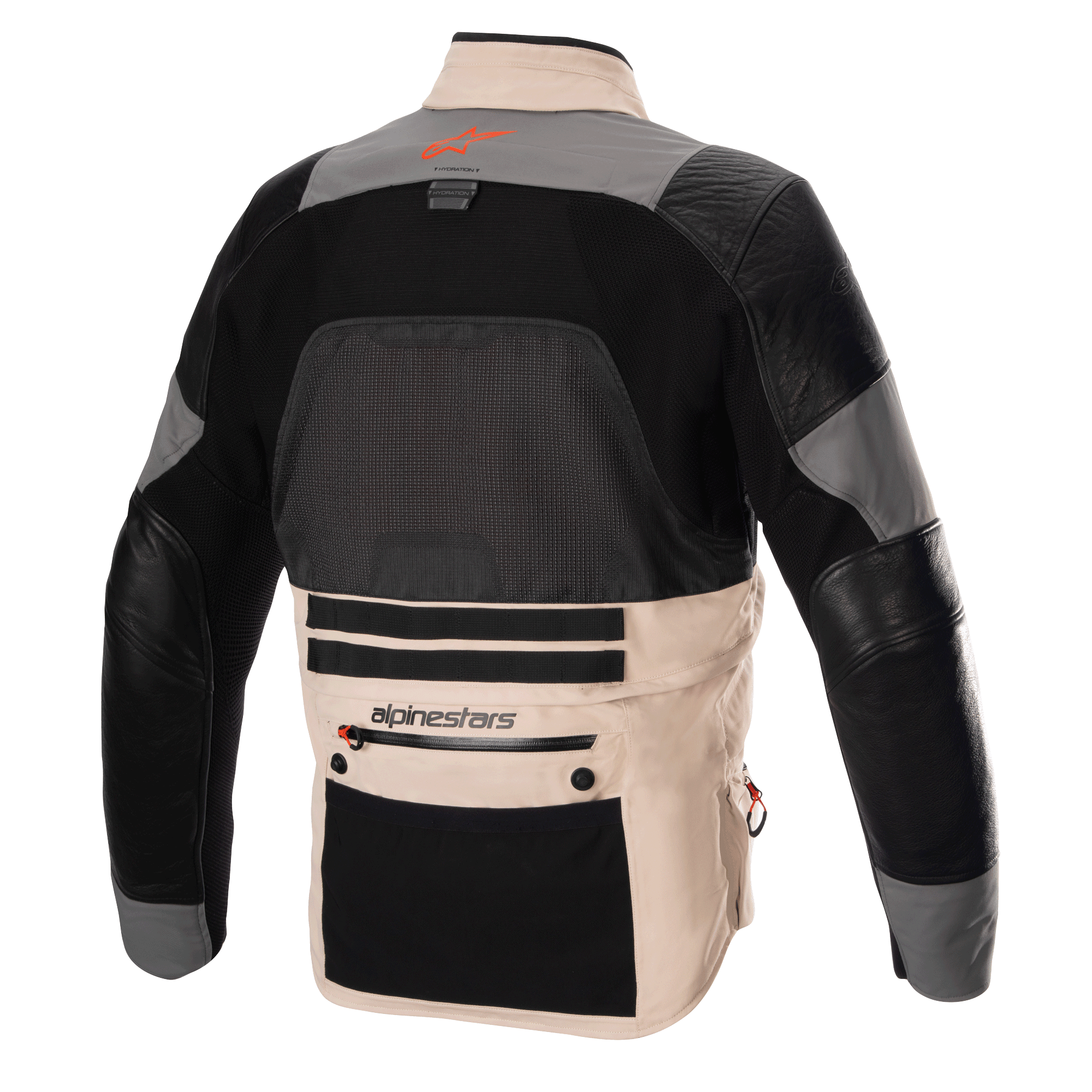 Alpinestars AMT-10R Drystar XF Jacket, adventure motorcycle jacket, Rear View in heat configuration, Fur Gray and Pale Brown with black panels, featuring a large mesh back panel for ventilation, leather arm reinforcements, and a large lower back utility pocket with Alpinestars branding.