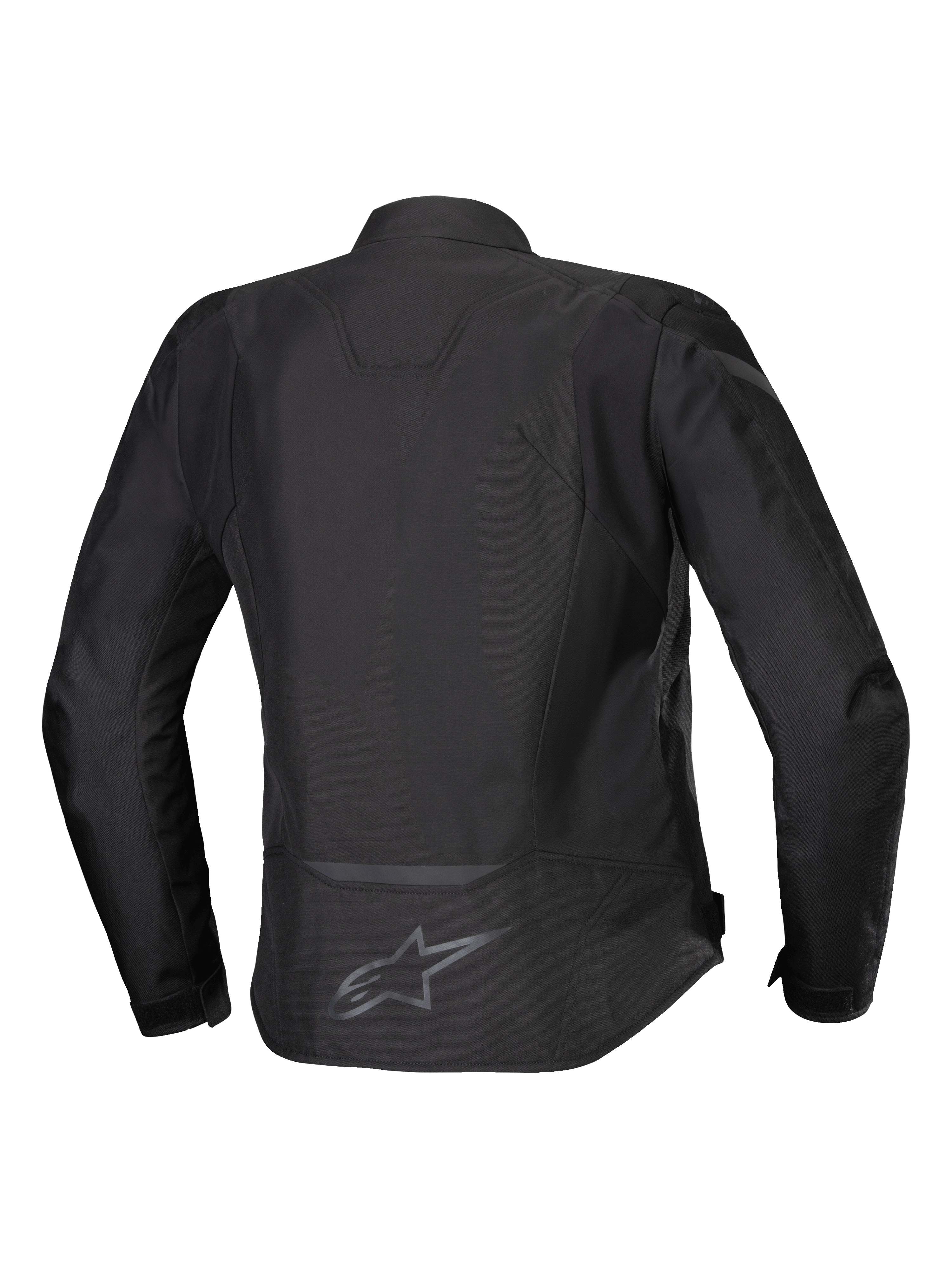 Alpinestars Stella T-Jaws V4 Wasserdichte Jacke, Damen-Textilmotorradjacke, Schwarz auf Schwarz, Rückansicht mit ergonomischer sportlicher Silhouette, reflektierenden Details und Logo am unteren Rücken.