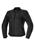 Alpinestars Stella T-Jaws V4 Wasserdichte Jacke, Damen-Motorradjacke, Schwarz, Frontreißverschluss, ergonomischer Kragen, dezentes Alpinestars-Logo auf der Brust, strapazierfähige Textilkonstruktion mit einer rennsportinspirierten Sportpassform