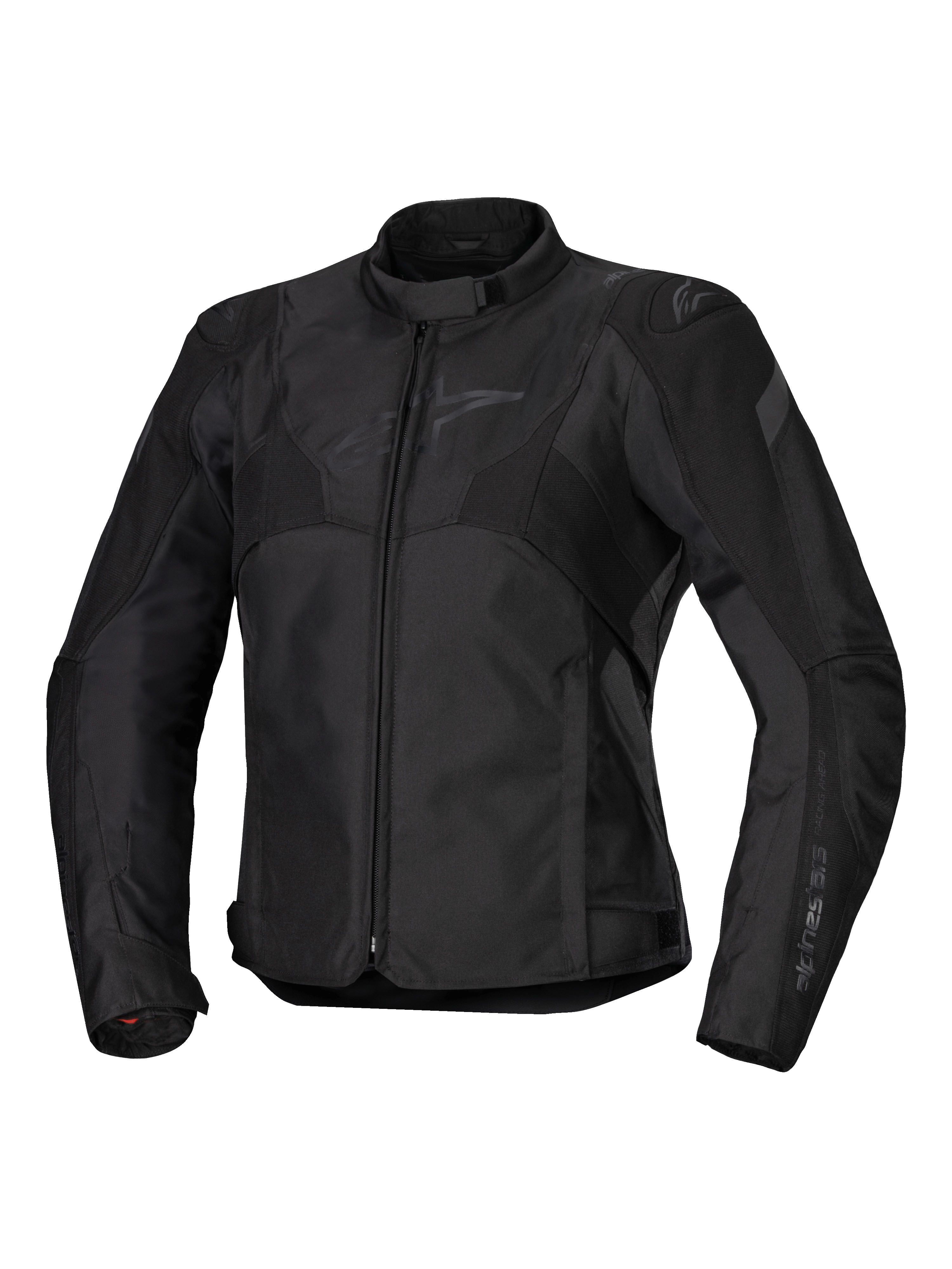 Alpinestars Stella T-Jaws V4 Wasserdichte Jacke, Damen-Motorradjacke, Schwarz, Frontreißverschluss, ergonomischer Kragen, dezentes Alpinestars-Logo auf der Brust, strapazierfähige Textilkonstruktion mit einer rennsportinspirierten Sportpassform