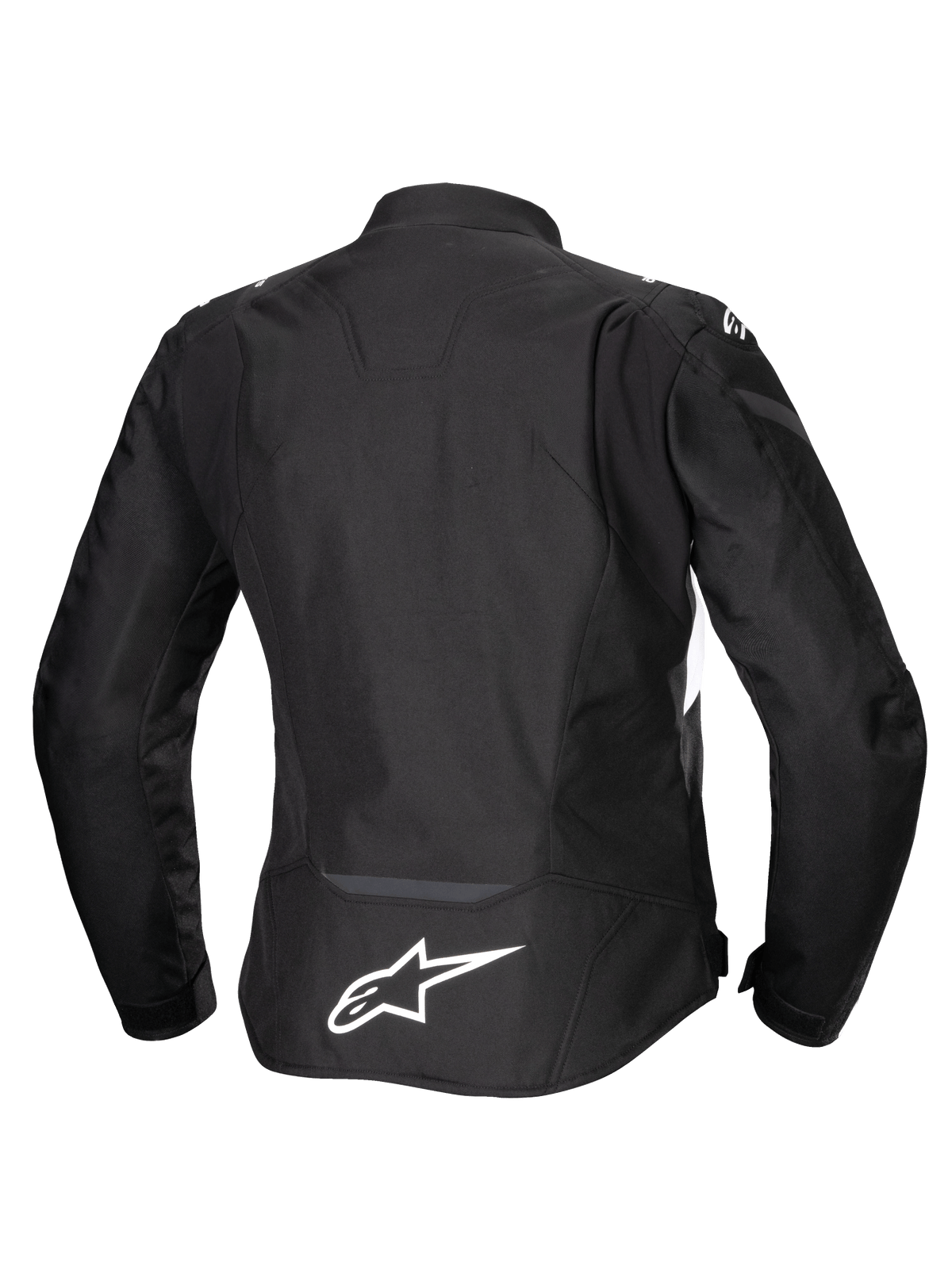 Alpinestars Stella T-Jaws V4 Wasserdichte Jacke, Damen-Motorradjacke, Schwarz mit weißen Akzenten, Rückansicht mit weißem Alpinestars-Logo auf dem unteren Rücken, schlankes sportliches Textildesign