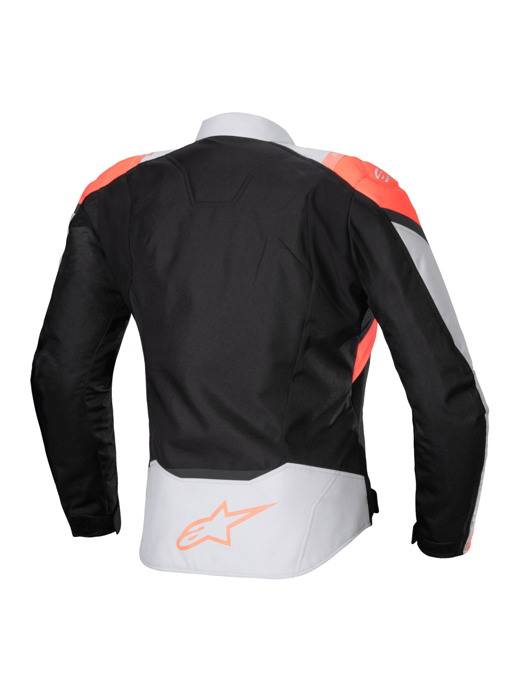 Alpinestars Stella T-Jaws V4 Waterproof Jacket, dames motorjas, zwart met ijsgrijs en fluoriserend koraal, achteraanzicht met koraalrode schouderaccenten en Alpinestars-logo op de onderrug, technische textielconstructie voor rijden in alle weersomstandigheden.